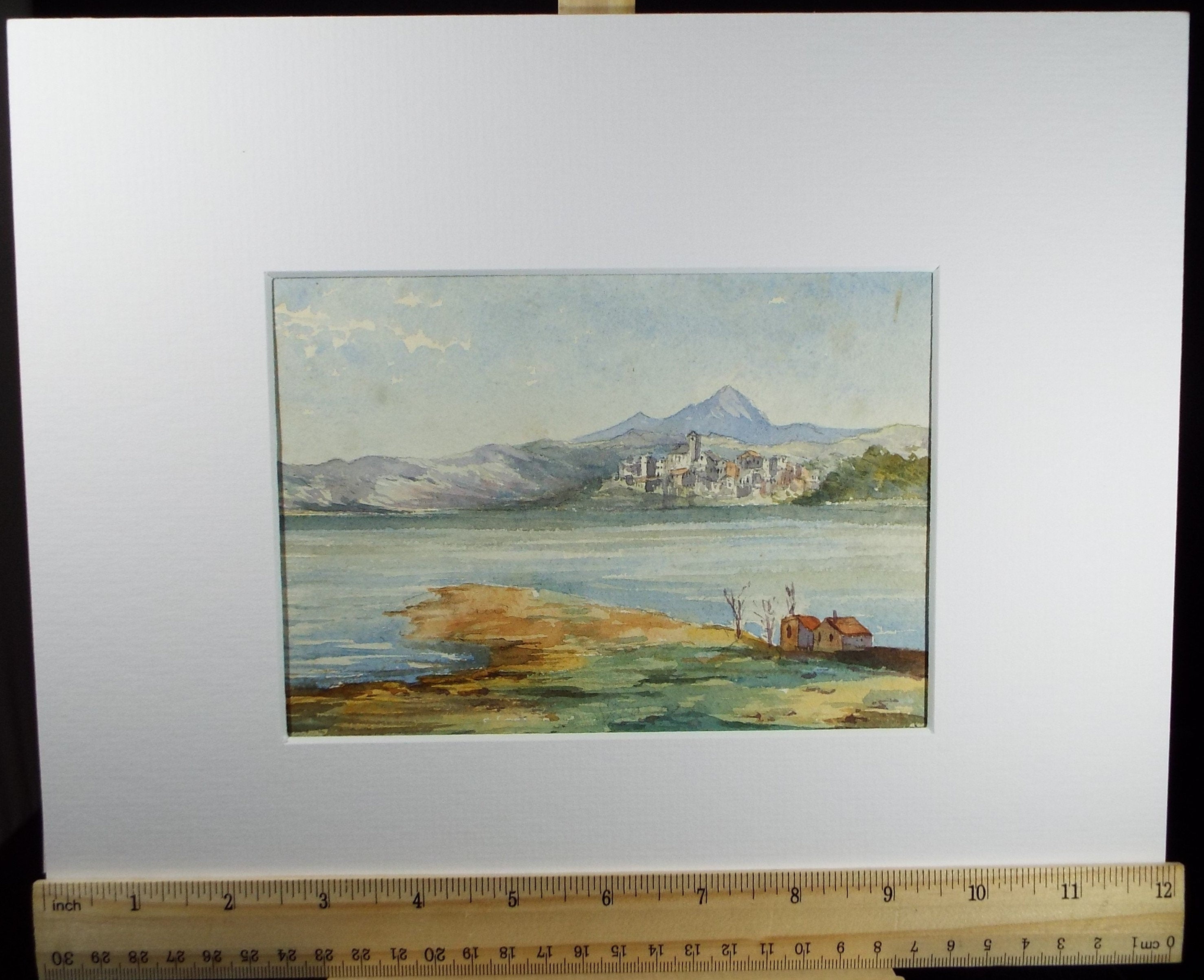 Original Watercolour , 'Waterside Town - Spain', Late 19th Century, Unknown artist