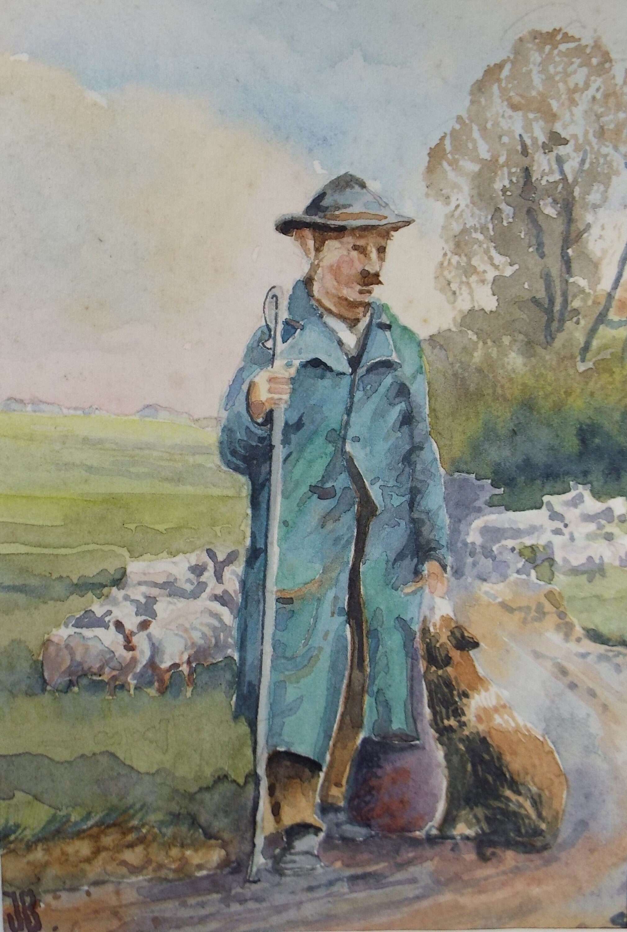 Original Watercolour, 'Shepherd study', Circa 1980's, Initialled JB