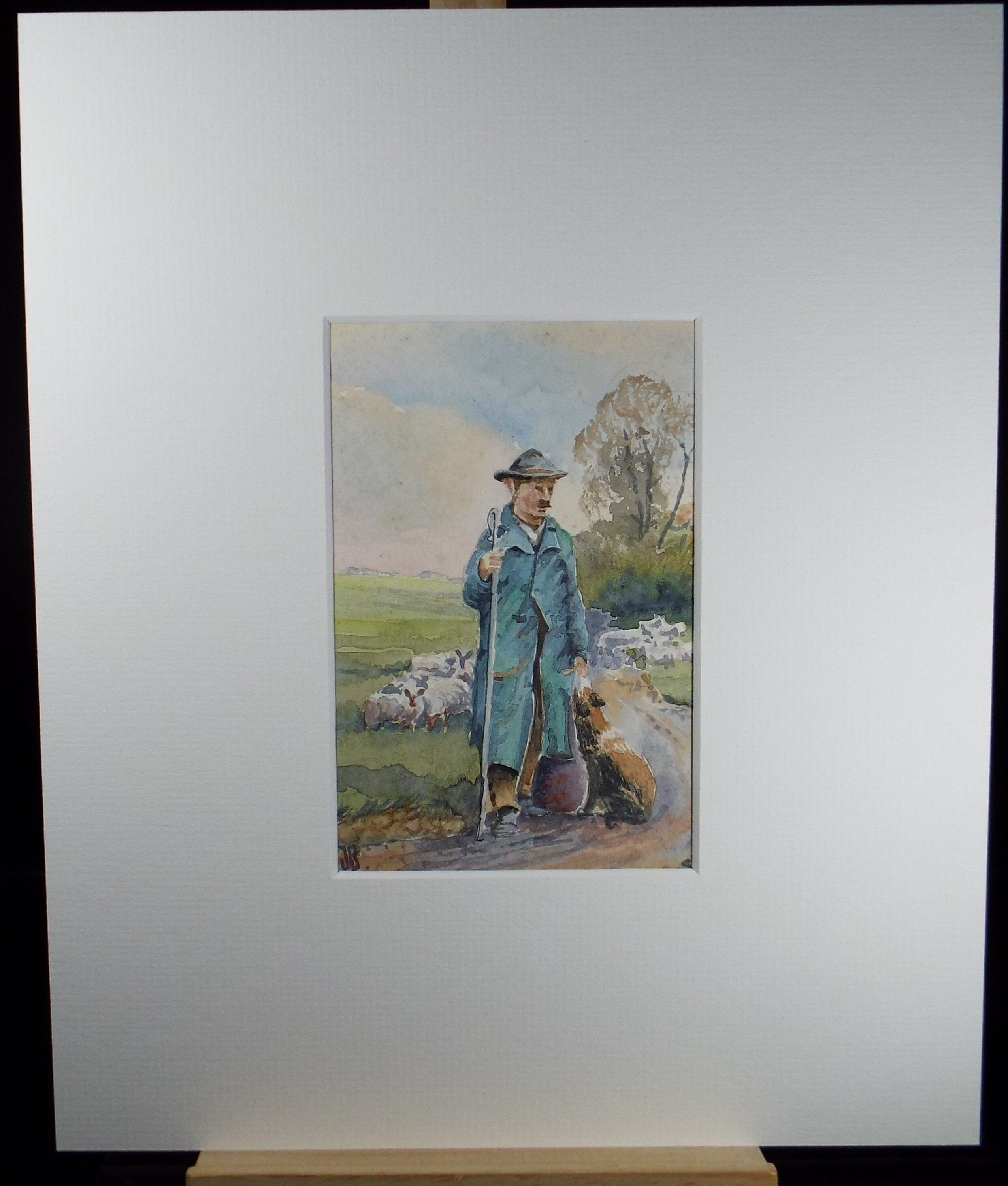 Original Watercolour, 'Shepherd study', Circa 1980's, Initialled JB