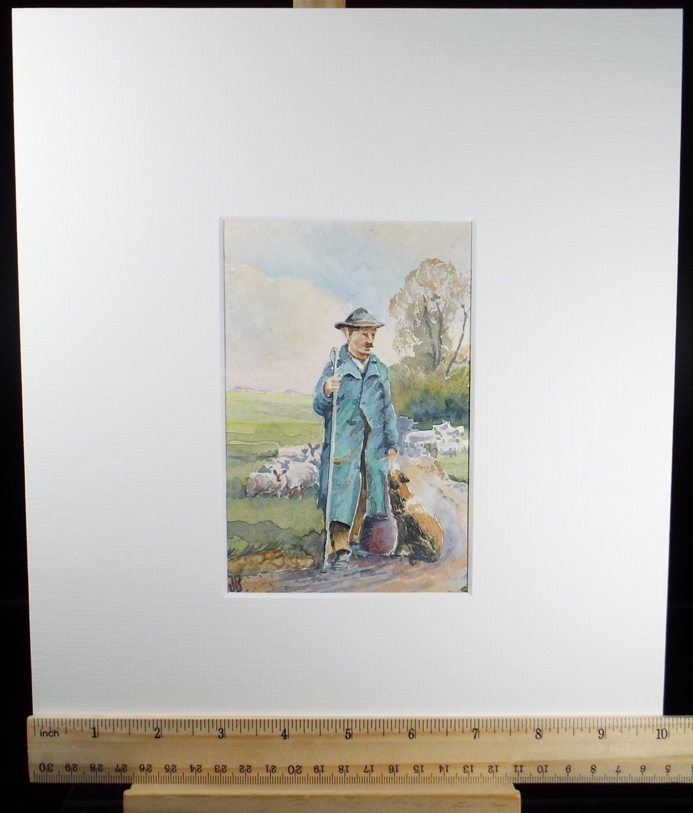 Original Watercolour, 'Shepherd study', Circa 1980's, Initialled JB