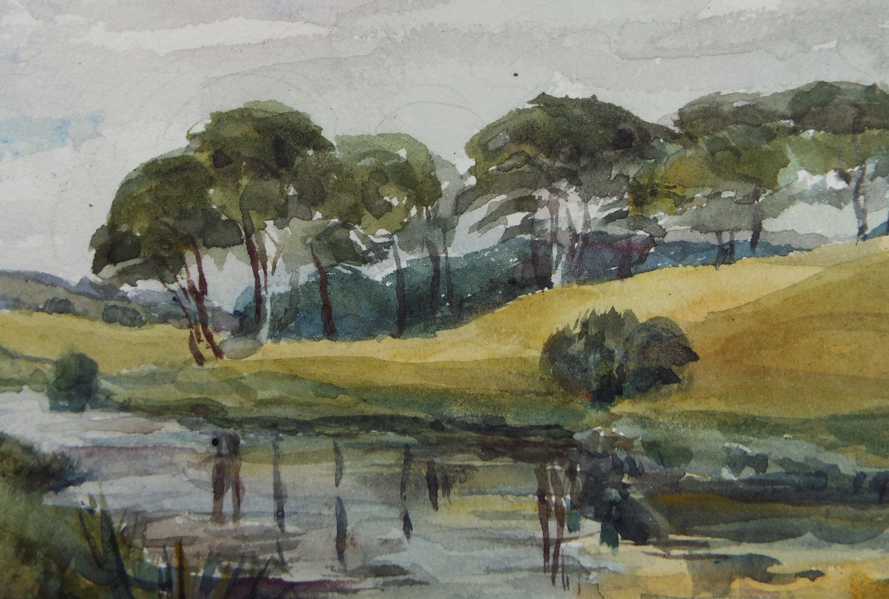 Original Watercolour on Paper, 'Lake with Pine Trees', Circa 1930's , Artist Unknown
