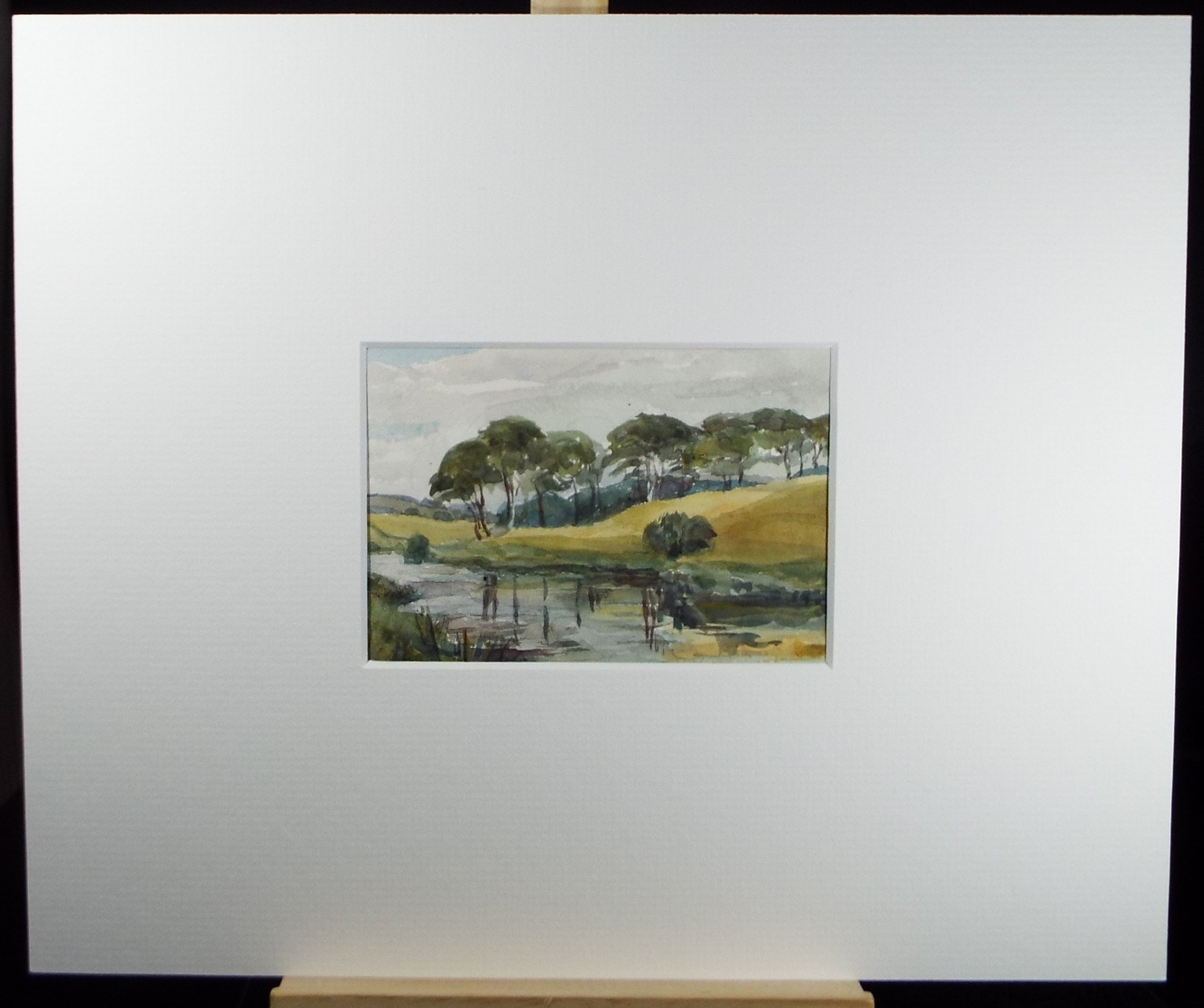 Original Watercolour on Paper, 'Lake with Pine Trees', Circa 1930's , Artist Unknown