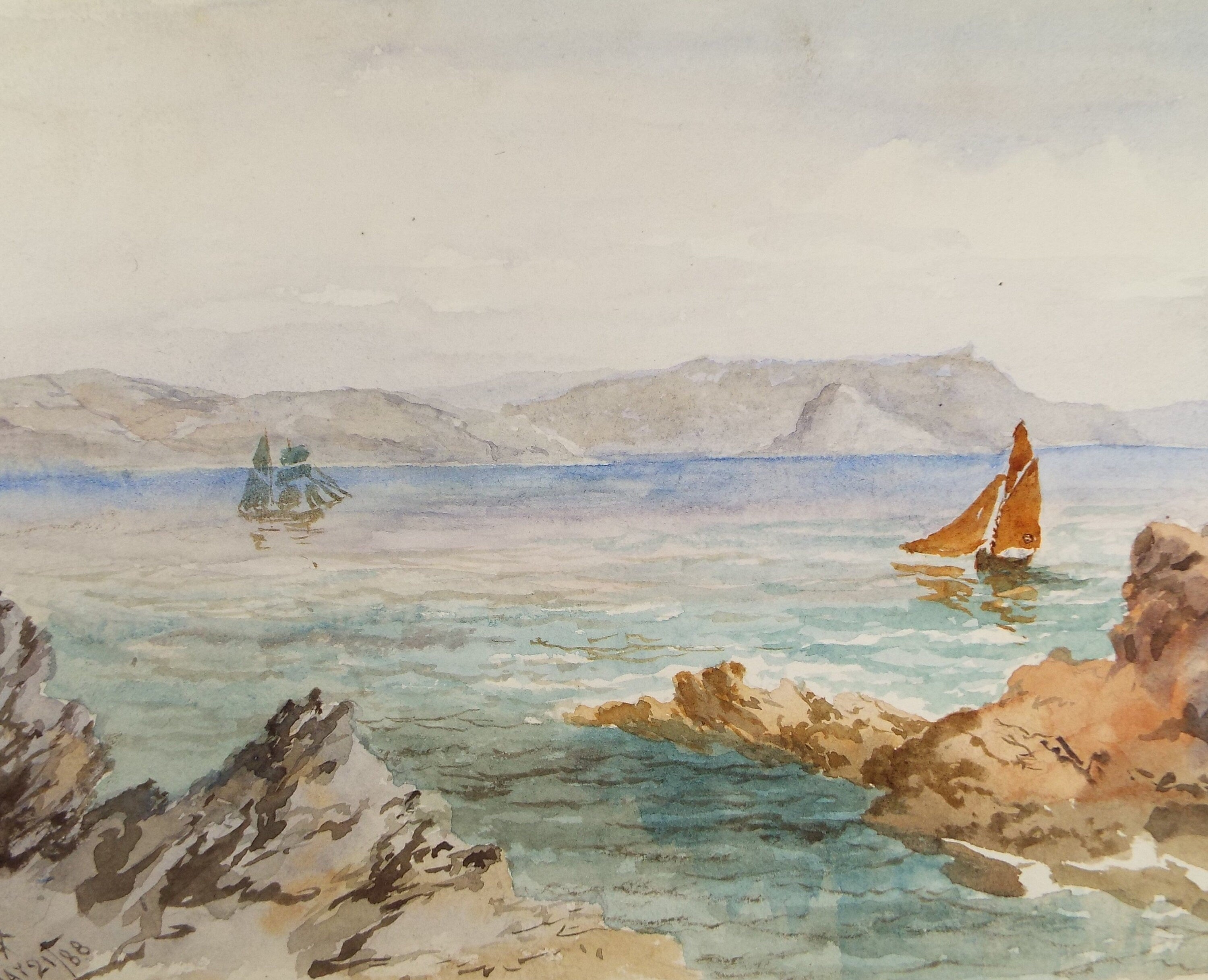 Original Watercolour, 'Sailing off the Coast', Dated 1888, Monogram TCF