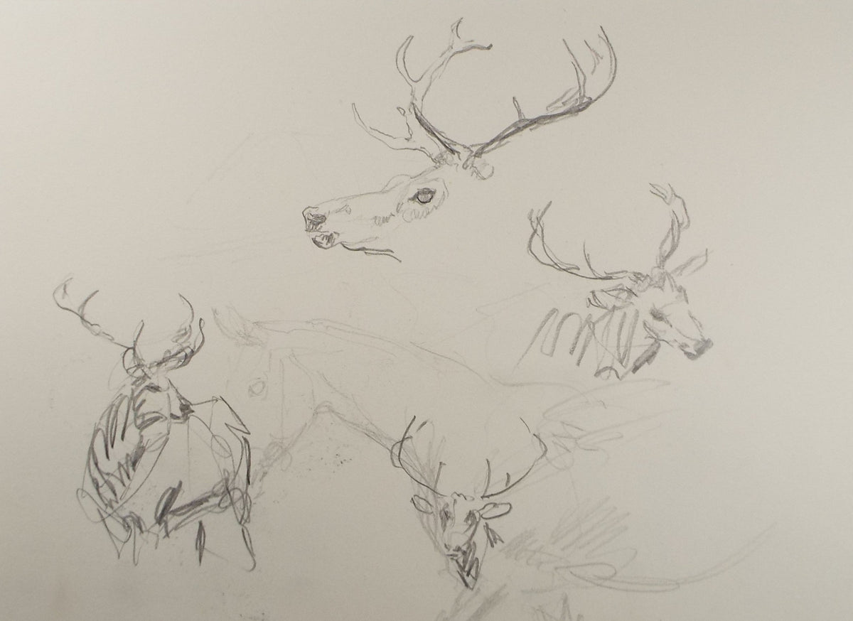 Original Pencil Sketch, Michael Lyne (1912-1989),'Study of Stags', Mid 20th Century