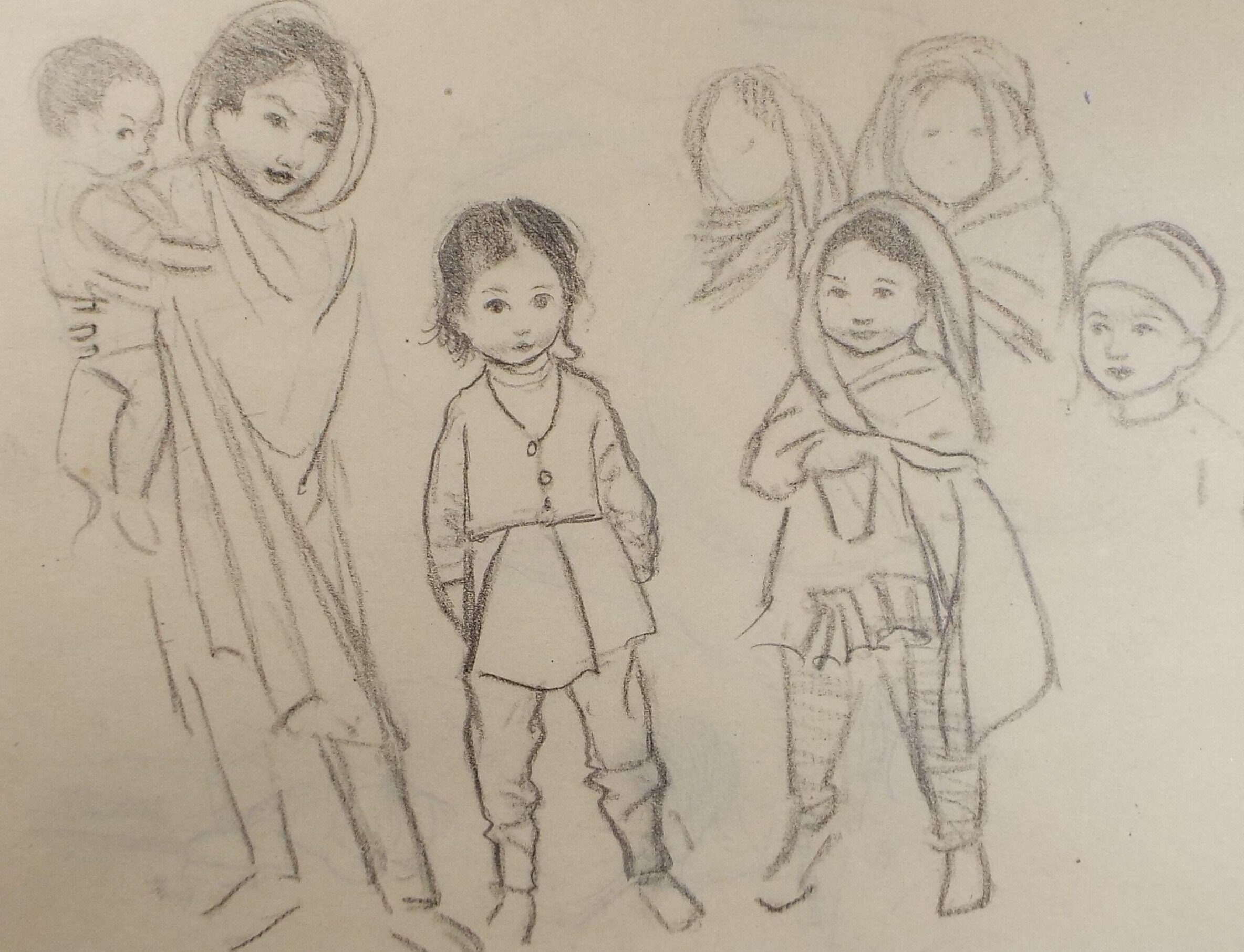 Original pencil sketch, 'Studies of Indian Children', Susan Beatrice Pearce (1878-1980), Circa 1920