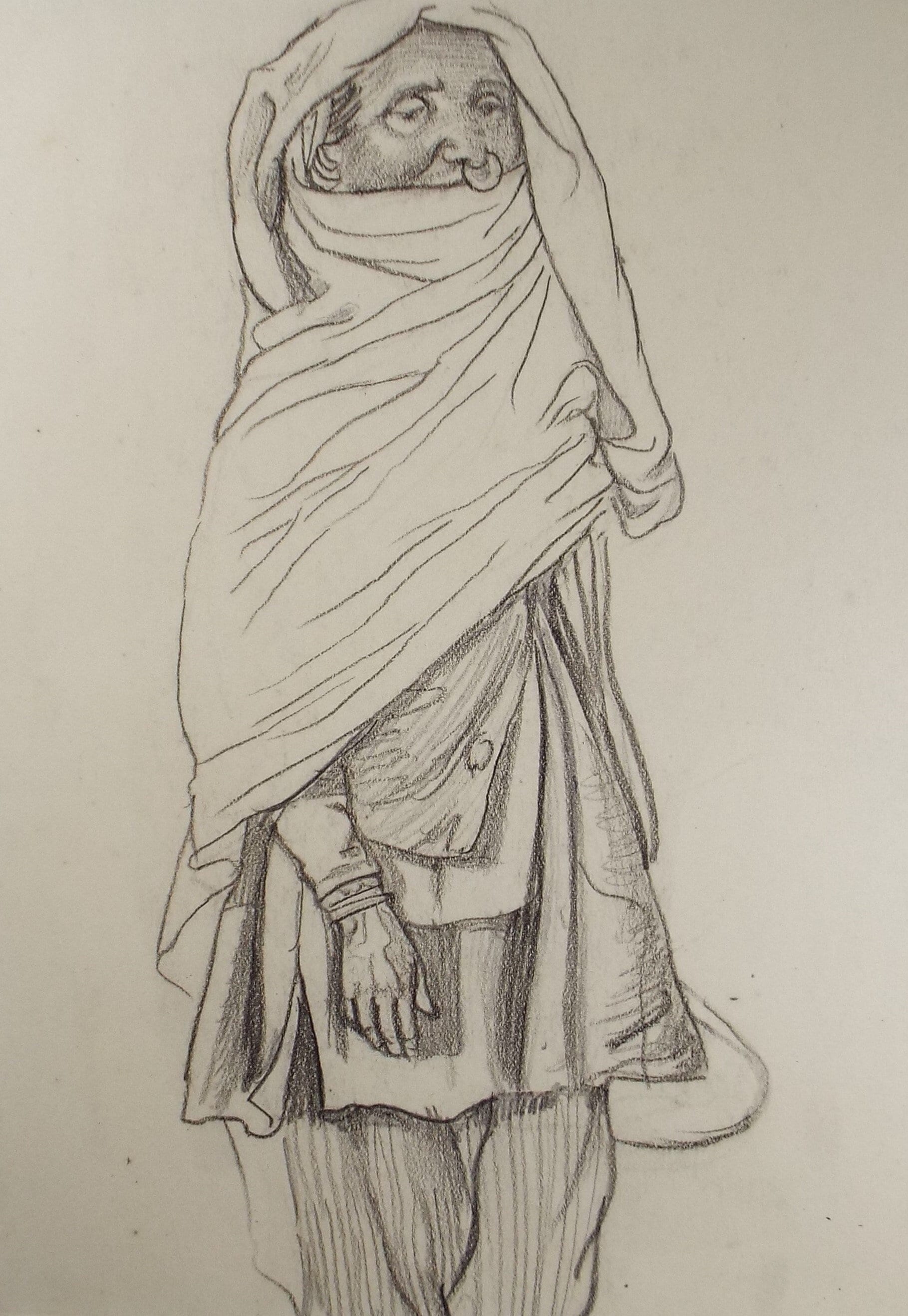 Original pencil sketch, 'Study of an Indian Woman - standing', Susan Beatrice Pearce (1878-1980), Circa 1920