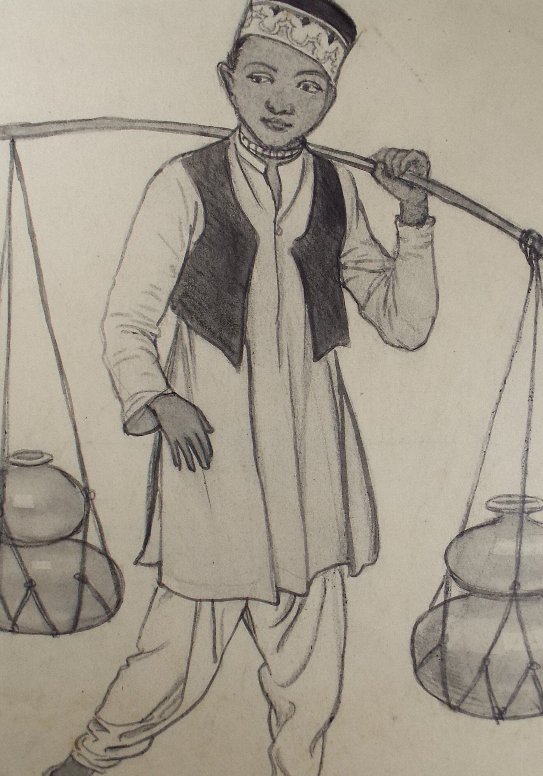 Original pencil sketch, 'Boy Carrying Pots', Susan Beatrice Pearce (1878-1980), Circa 1920