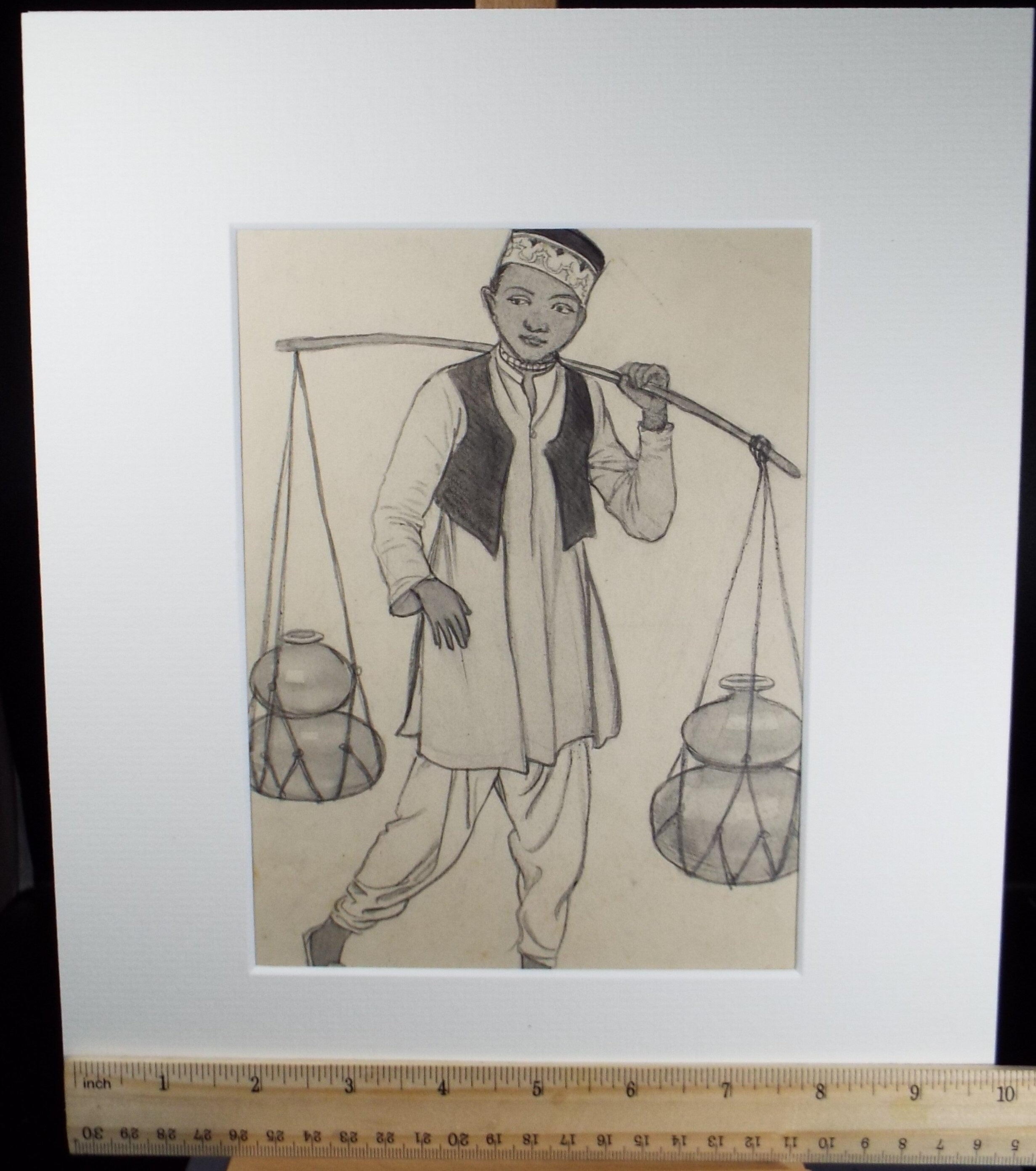 Original pencil sketch, 'Boy Carrying Pots', Susan Beatrice Pearce (1878-1980), Circa 1920