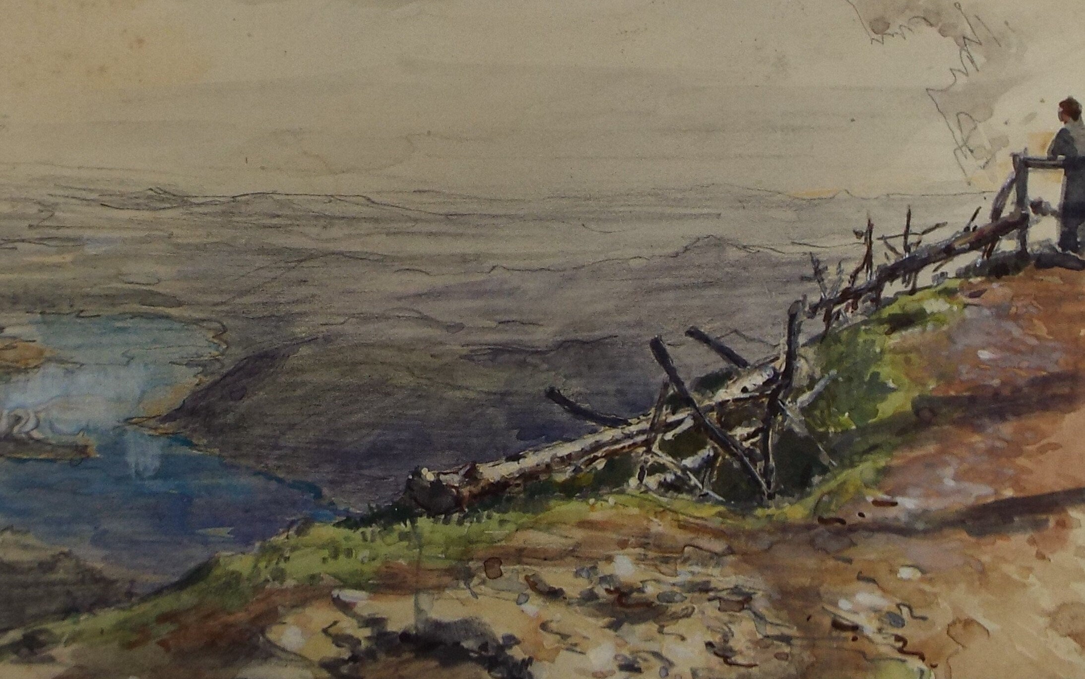 Original Watercolour, 'View from a Cliff with Figures' ', Susan Beatrice Pearce (1878-1980), Circa 1920
