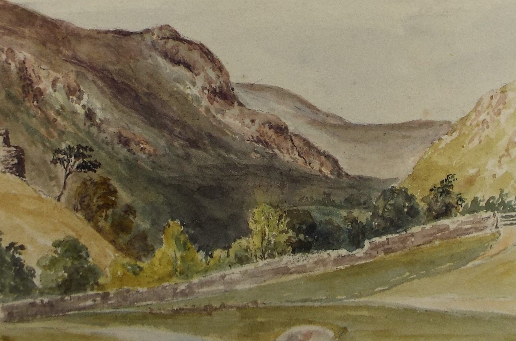 Original Watercolour on Paper, 'Green Fields with distant Mountains', Early 20th Century, Artist Unknown