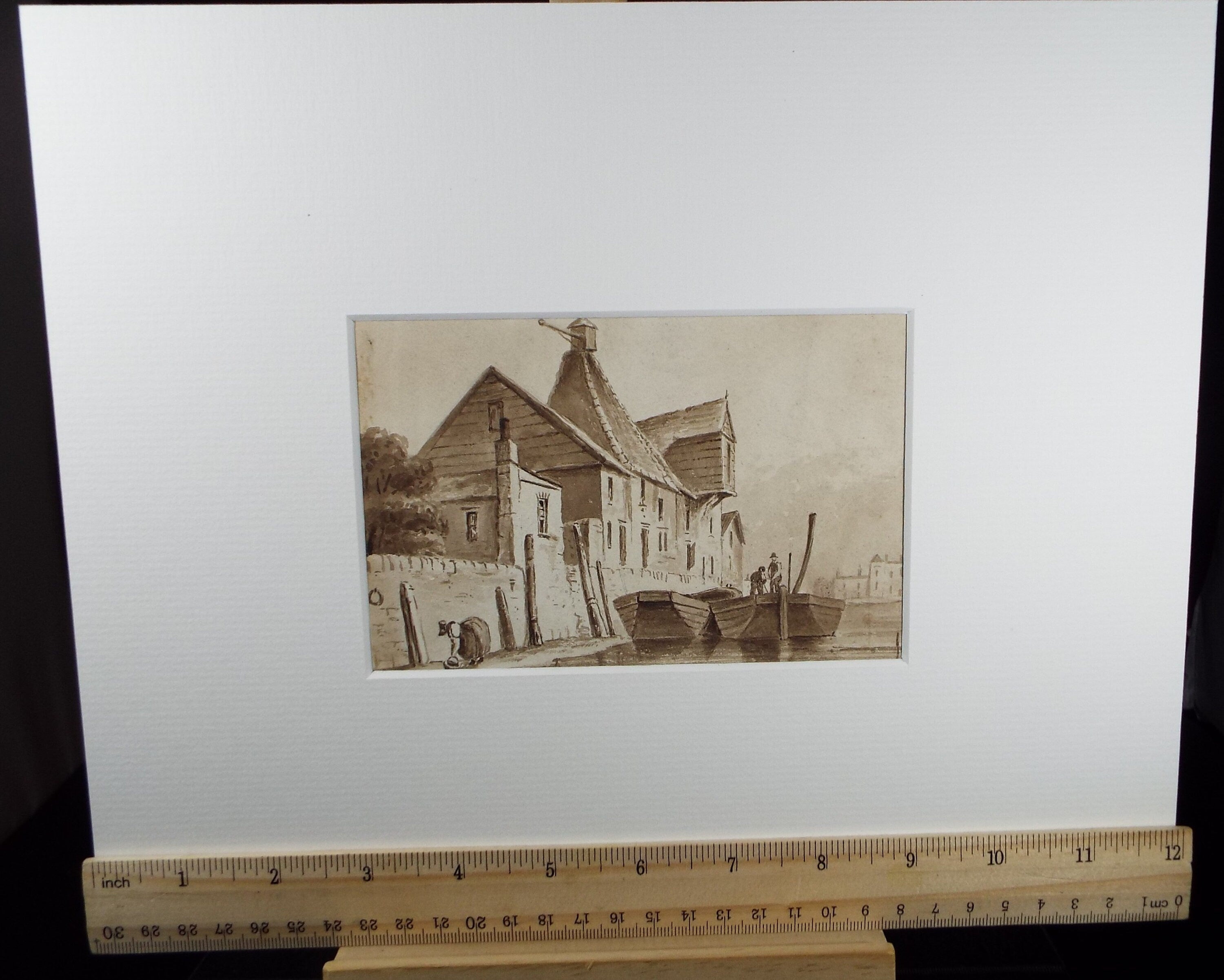 Original Watercolour, 'Quayside Warehouse with Figures',Late 19th Century, artist Unknown