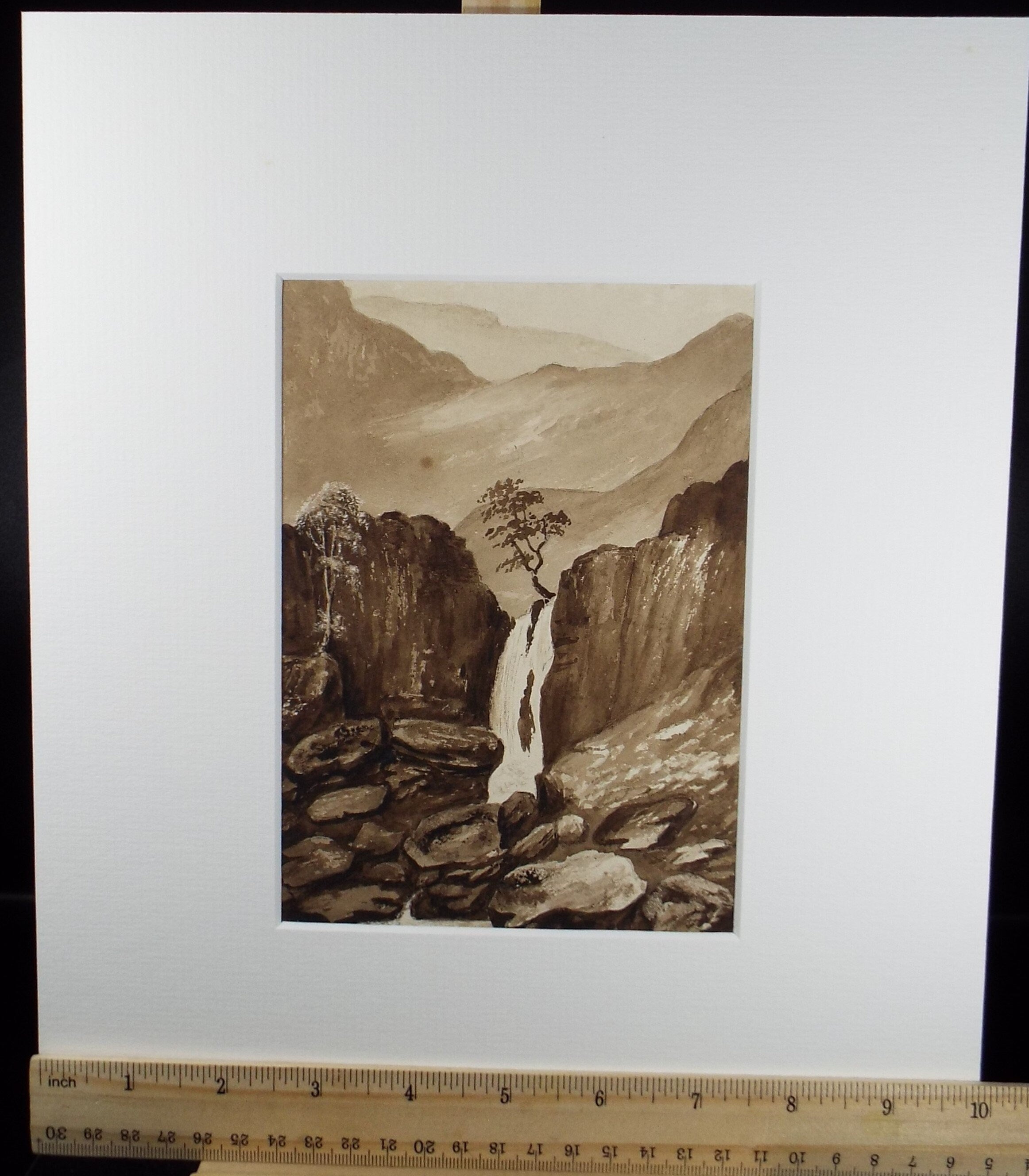 Original Watercolour, 'Waterfall in a Mountain Landscape' Late 19th Century