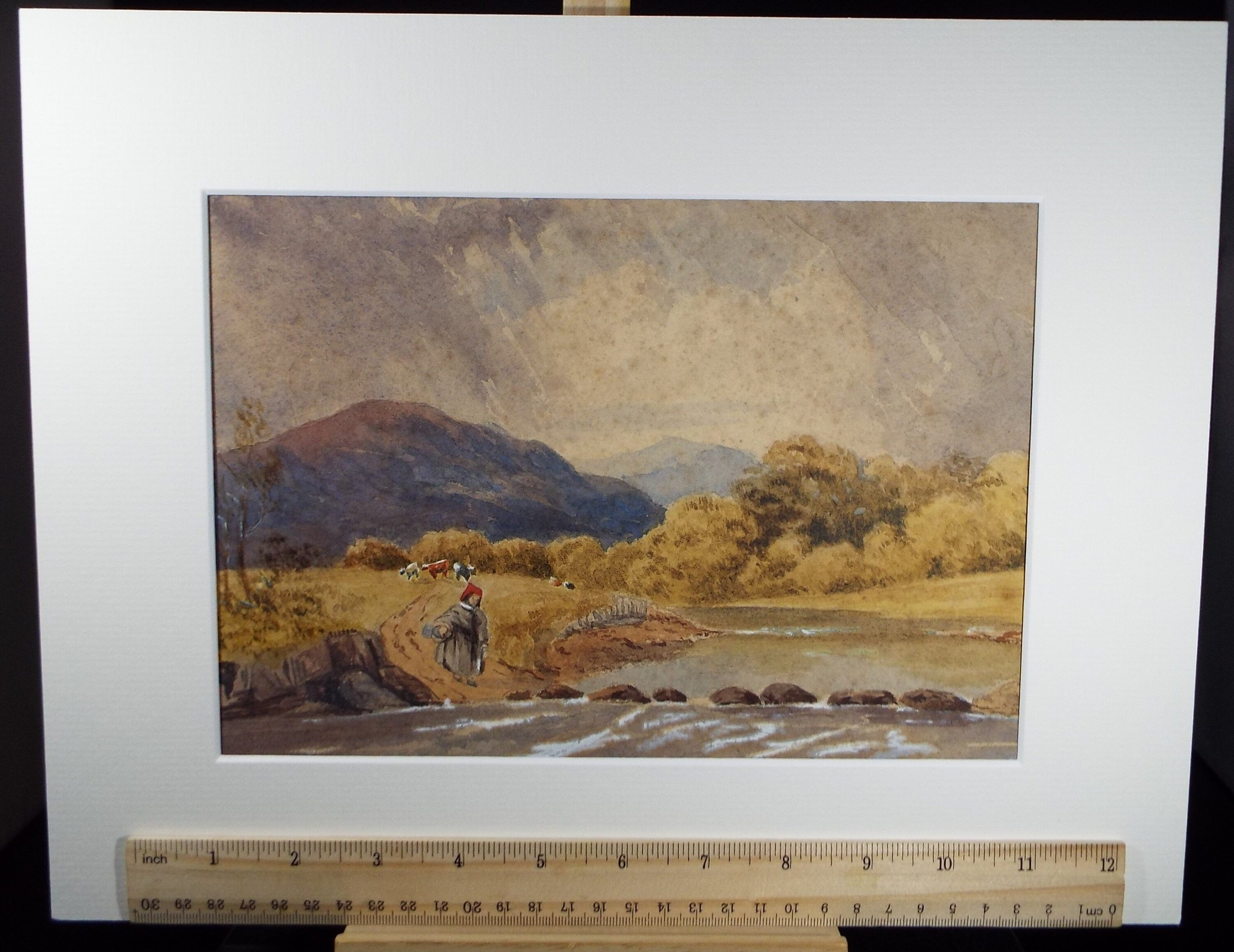 Original Watercolour, 'River with Cattle & Figure' - Late 19th Century, Artist Unknown