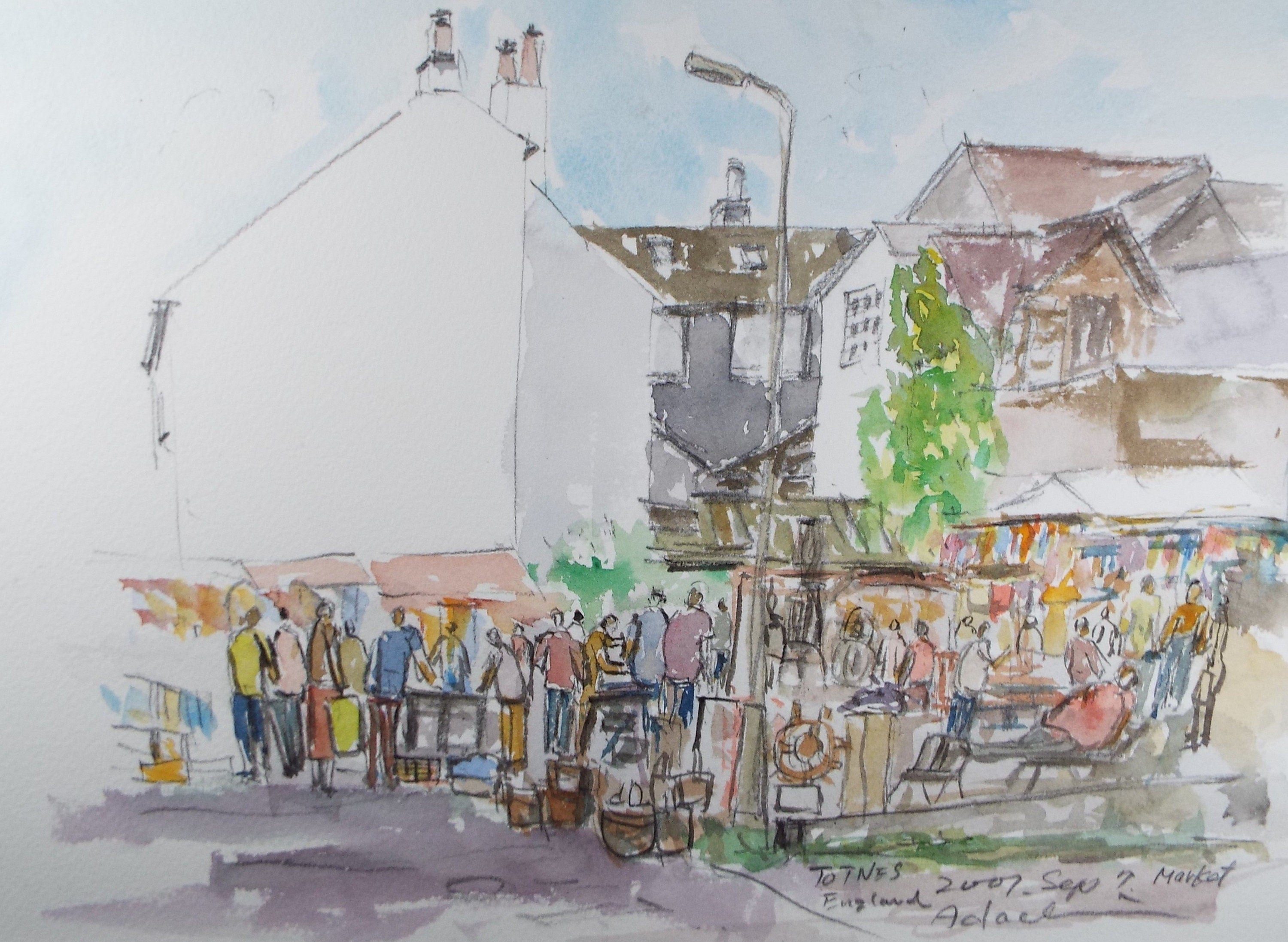 Original Watercolour on Paper, 'Totnes Market', Artist Unknown, Dated 2001