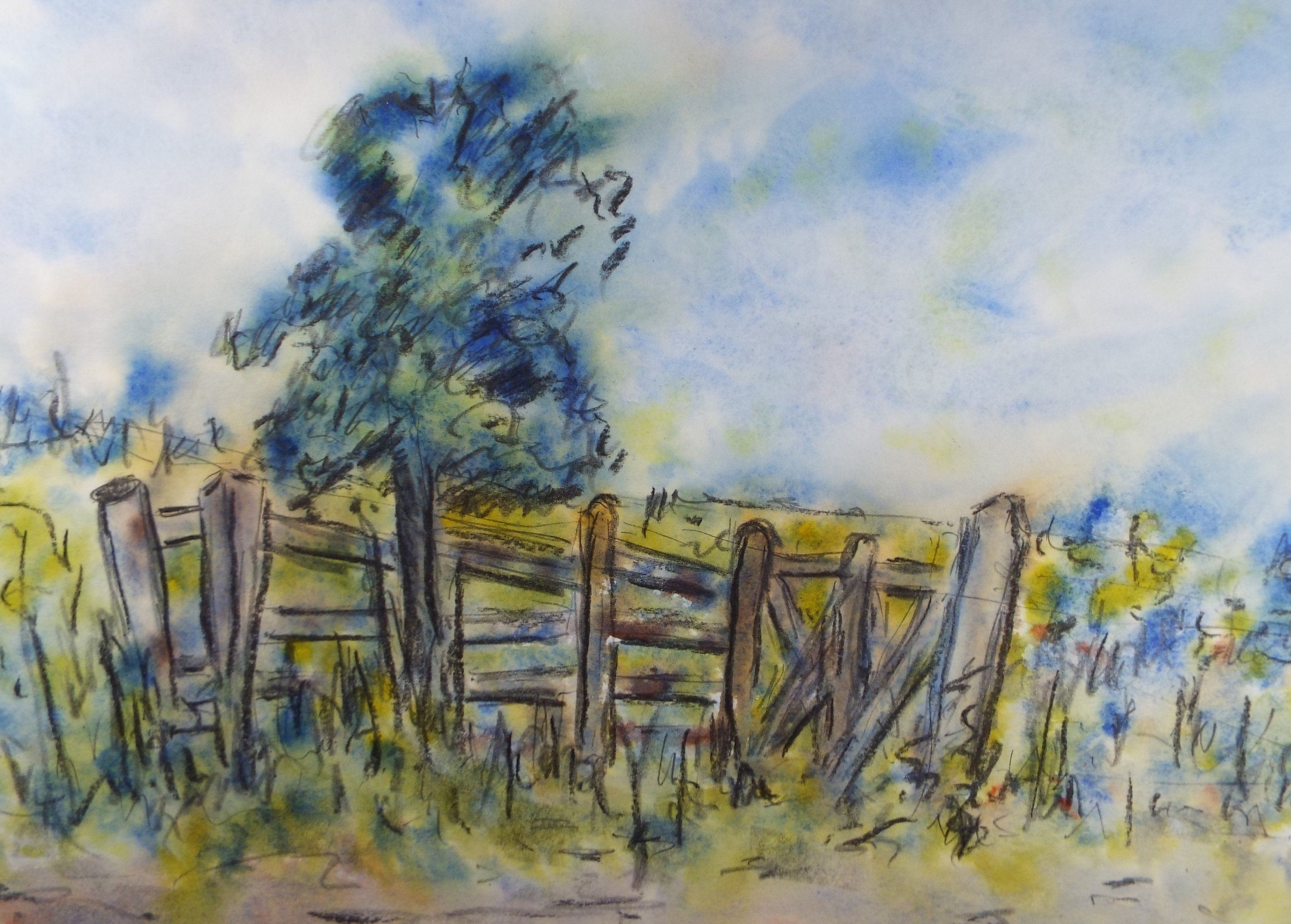 Original Watercolour, 'Field Fencing', c1990's, Artist Unknown