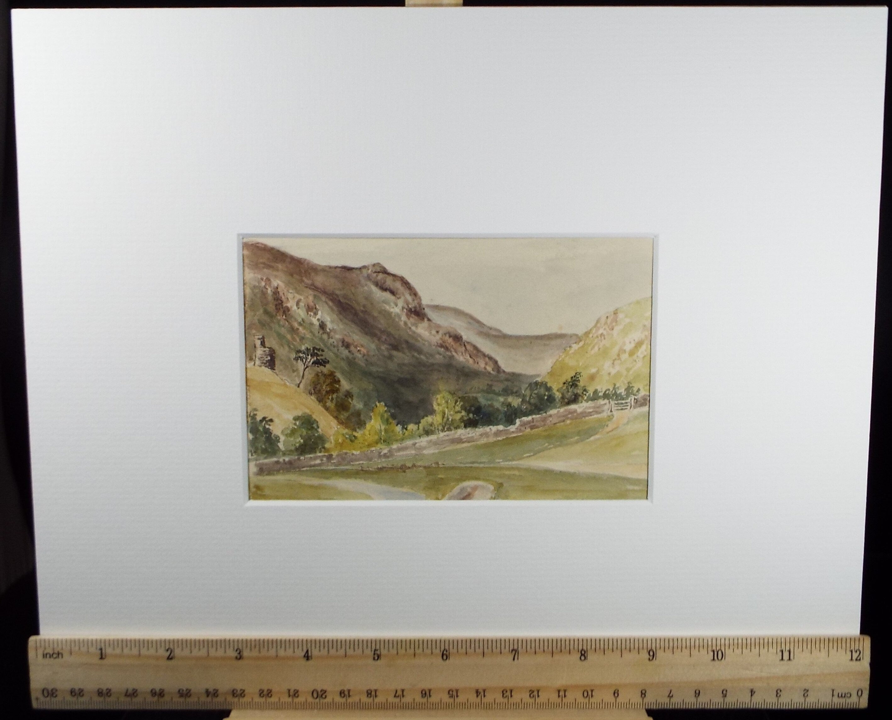 Original Watercolour on Paper, 'Green Fields with distant Mountains', Early 20th Century, Artist Unknown
