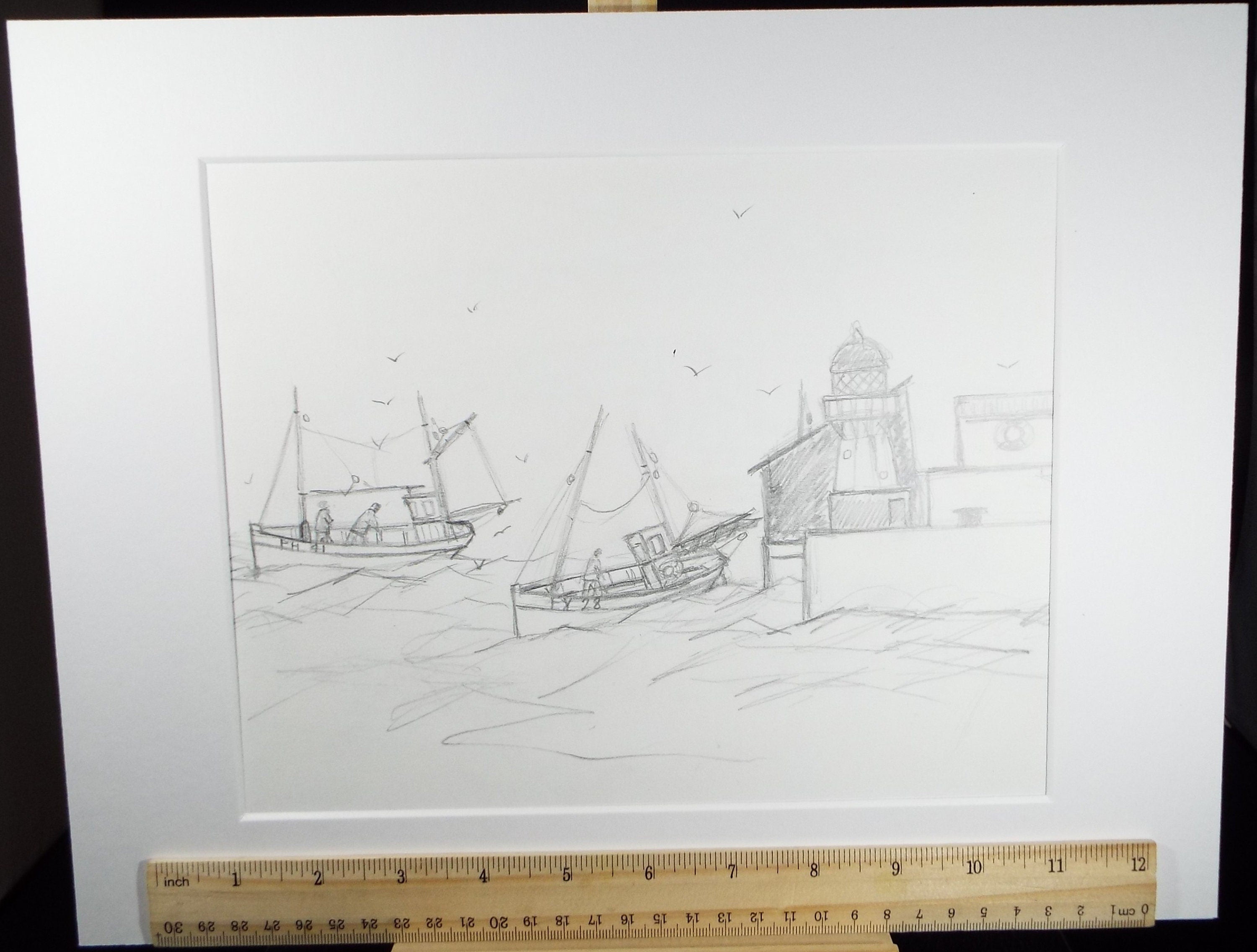 Original Pencil Drawing 'Fishing Boats', c2000, Gordon Couch (20th Century British)