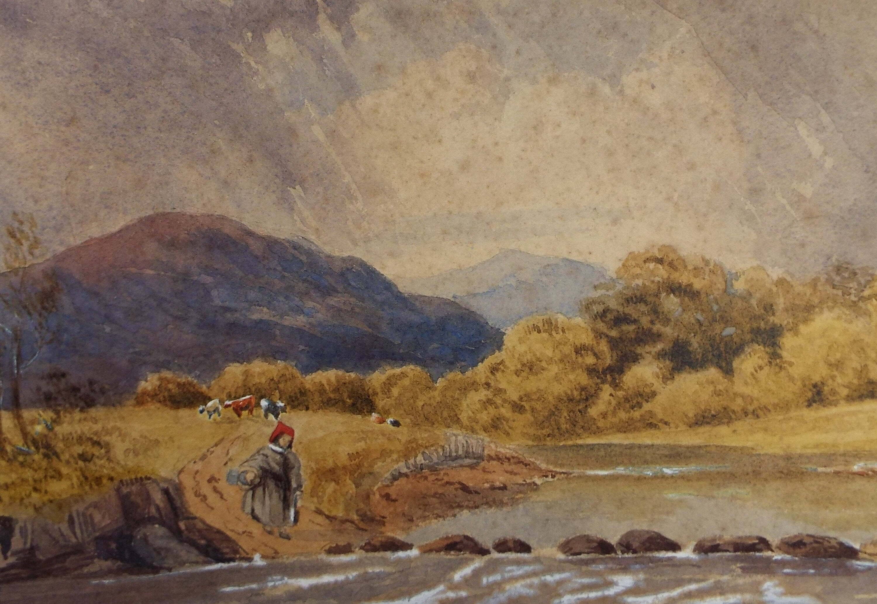 Original Watercolour, 'River with Cattle & Figure' - Late 19th Century, Artist Unknown