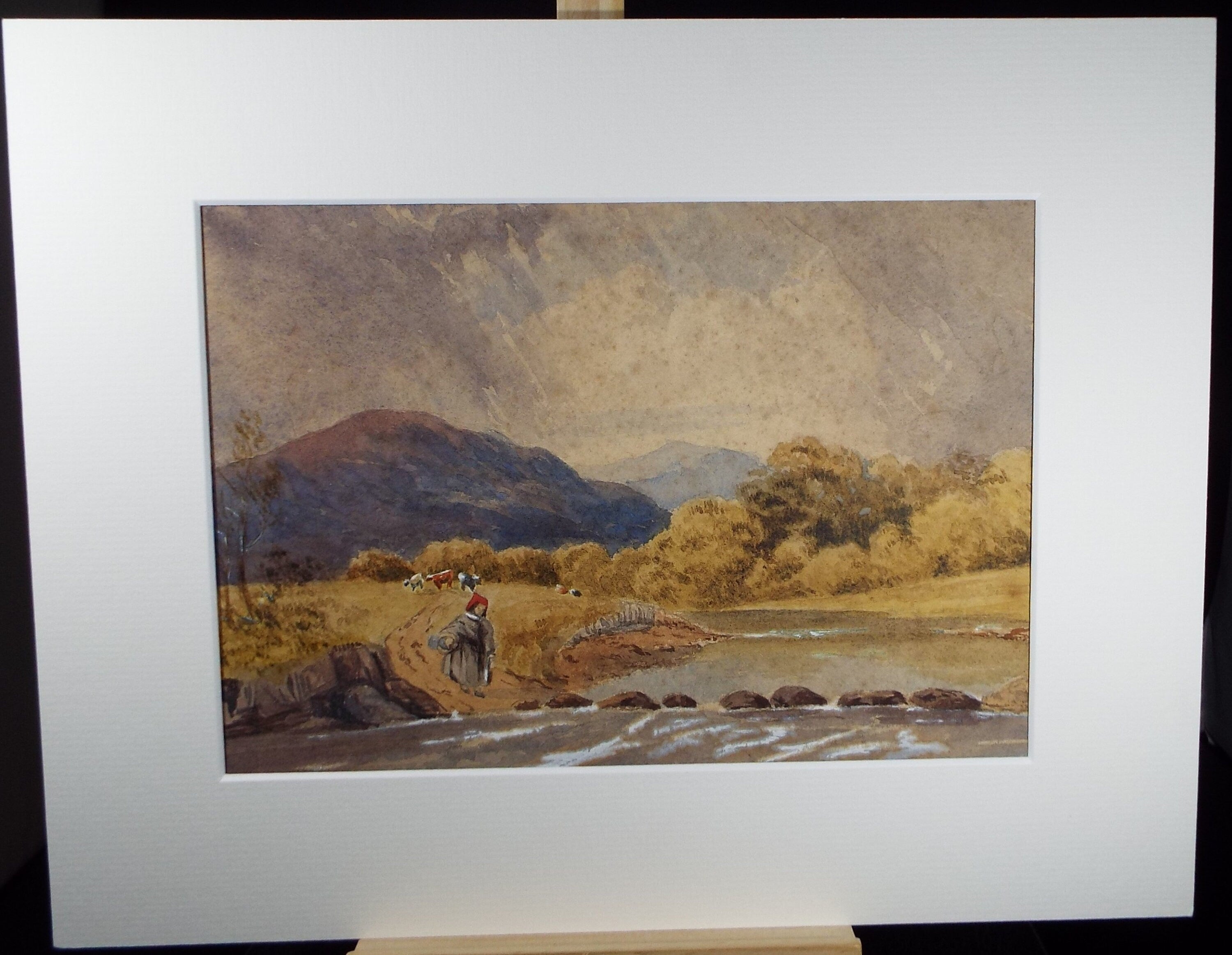 Original Watercolour, 'River with Cattle & Figure' - Late 19th Century, Artist Unknown