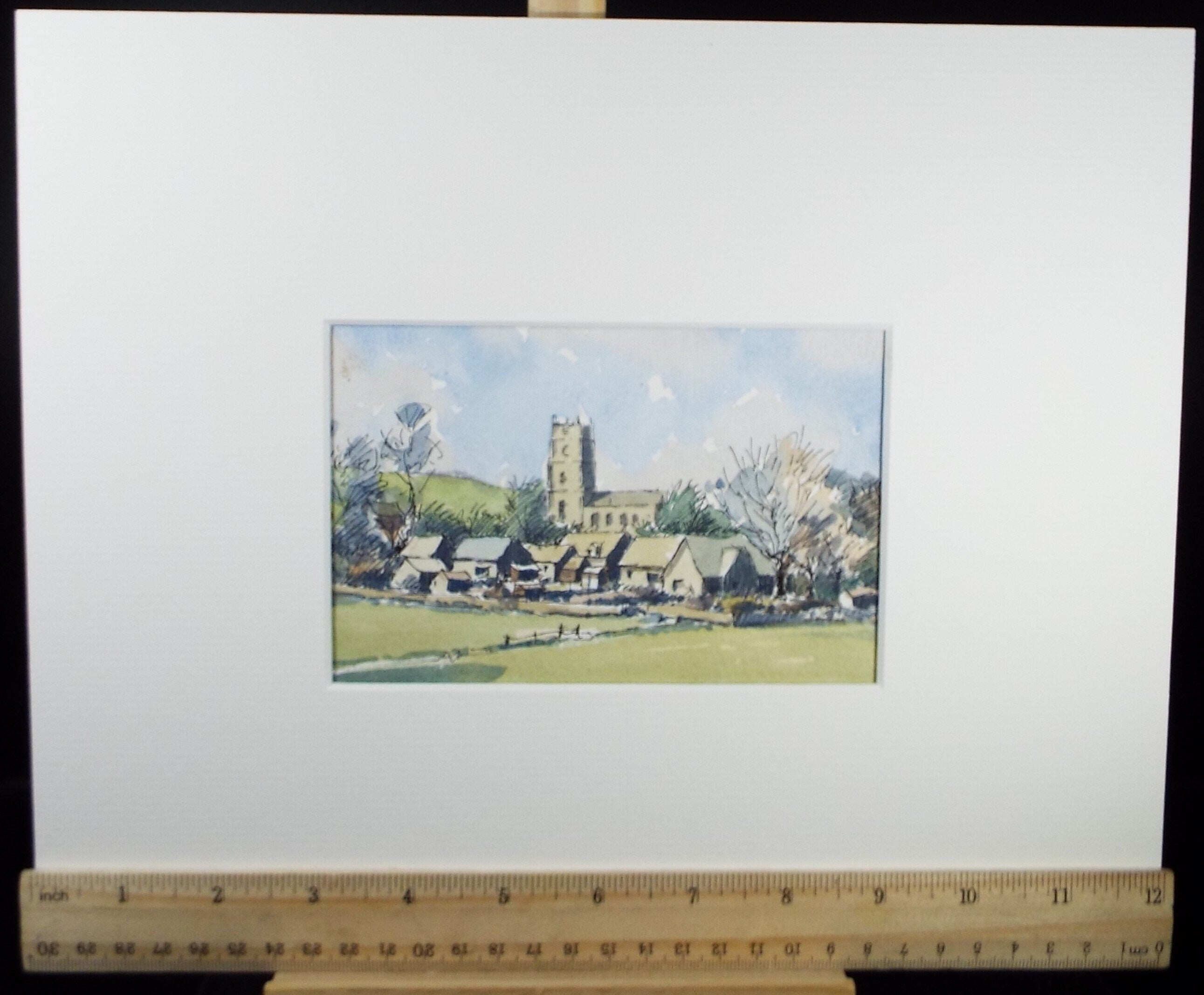 Original Watercolour Drawing, 'Rural Village with Church', c1980's, Artist Unknown