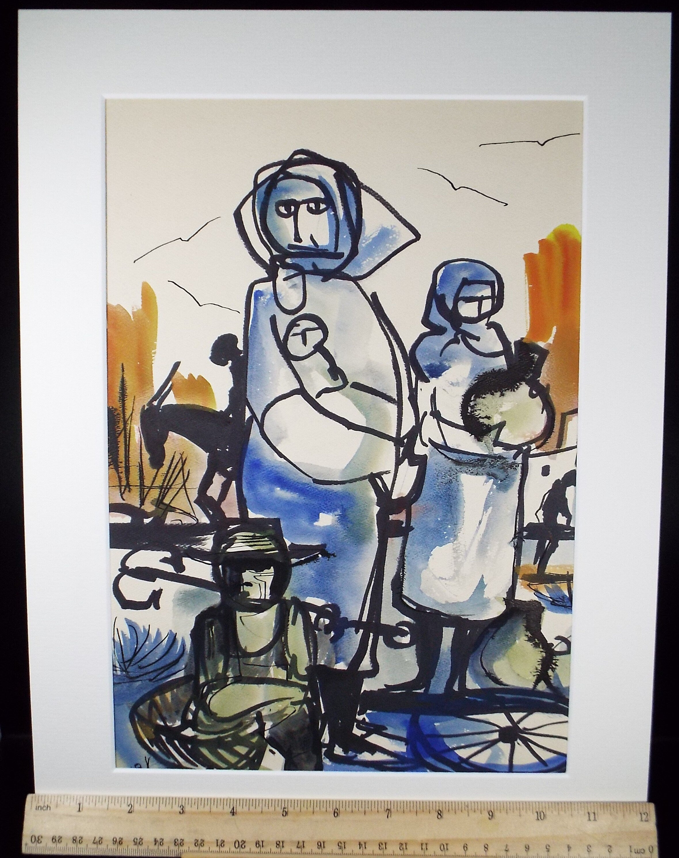 Original Watercolour, 'Women in Blue', Circa 1960's, Signed Evohnav?