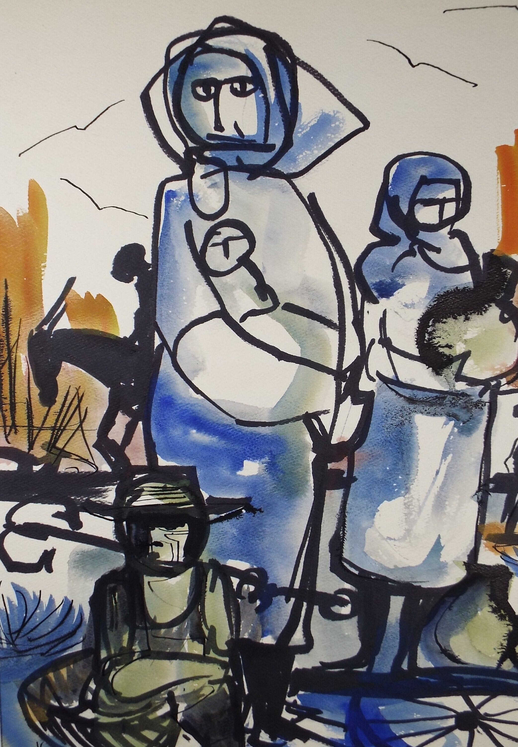 Original Watercolour, 'Women in Blue', Circa 1960's, Signed Evohnav?