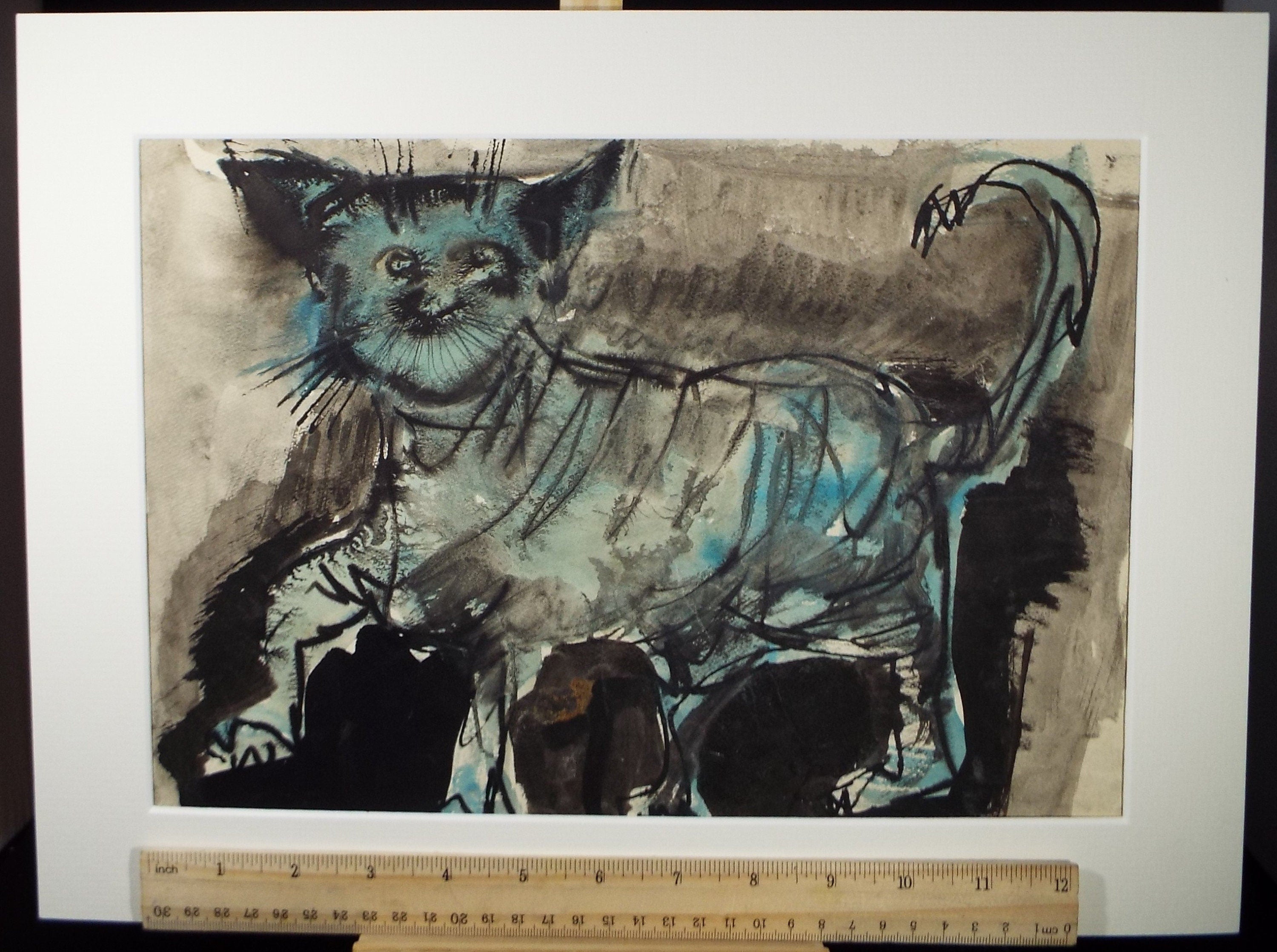 Original Watercolour, 'Striped Cat', Circa 1960's, Signed Evohnav?