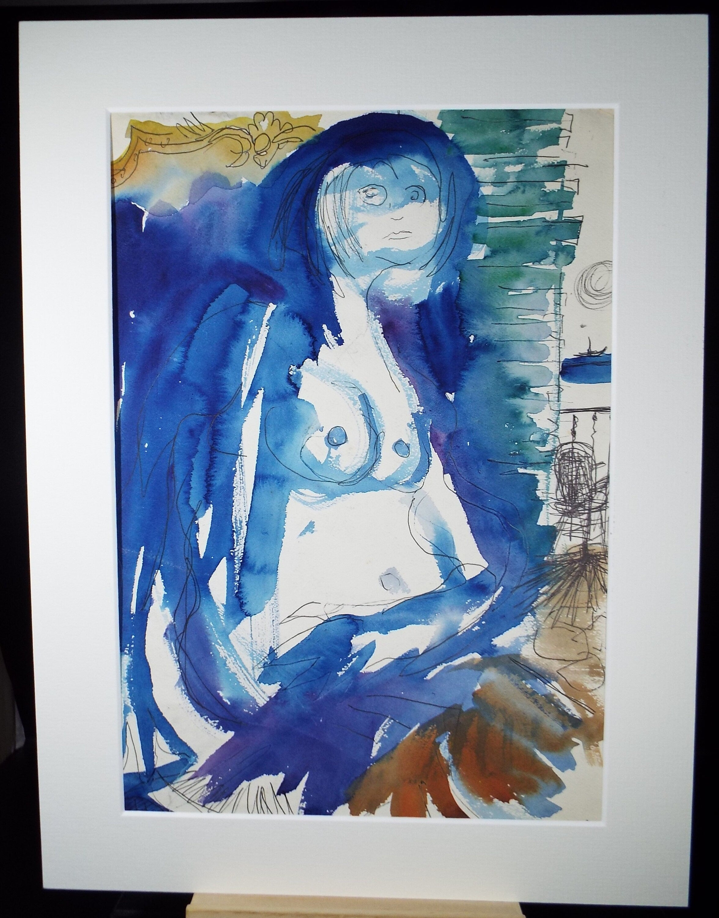 Original Watercolour, 'Nude in Blue', Circa 1960's, Signed Evohnav?