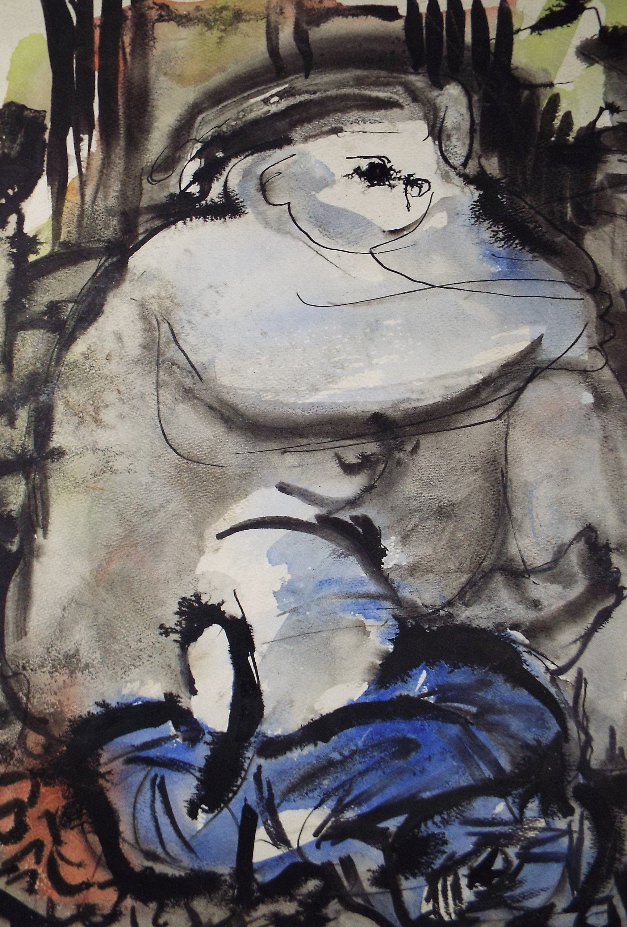 Original Watercolour, 'Seated Figure', Circa 1960's, Signed Evohnav?