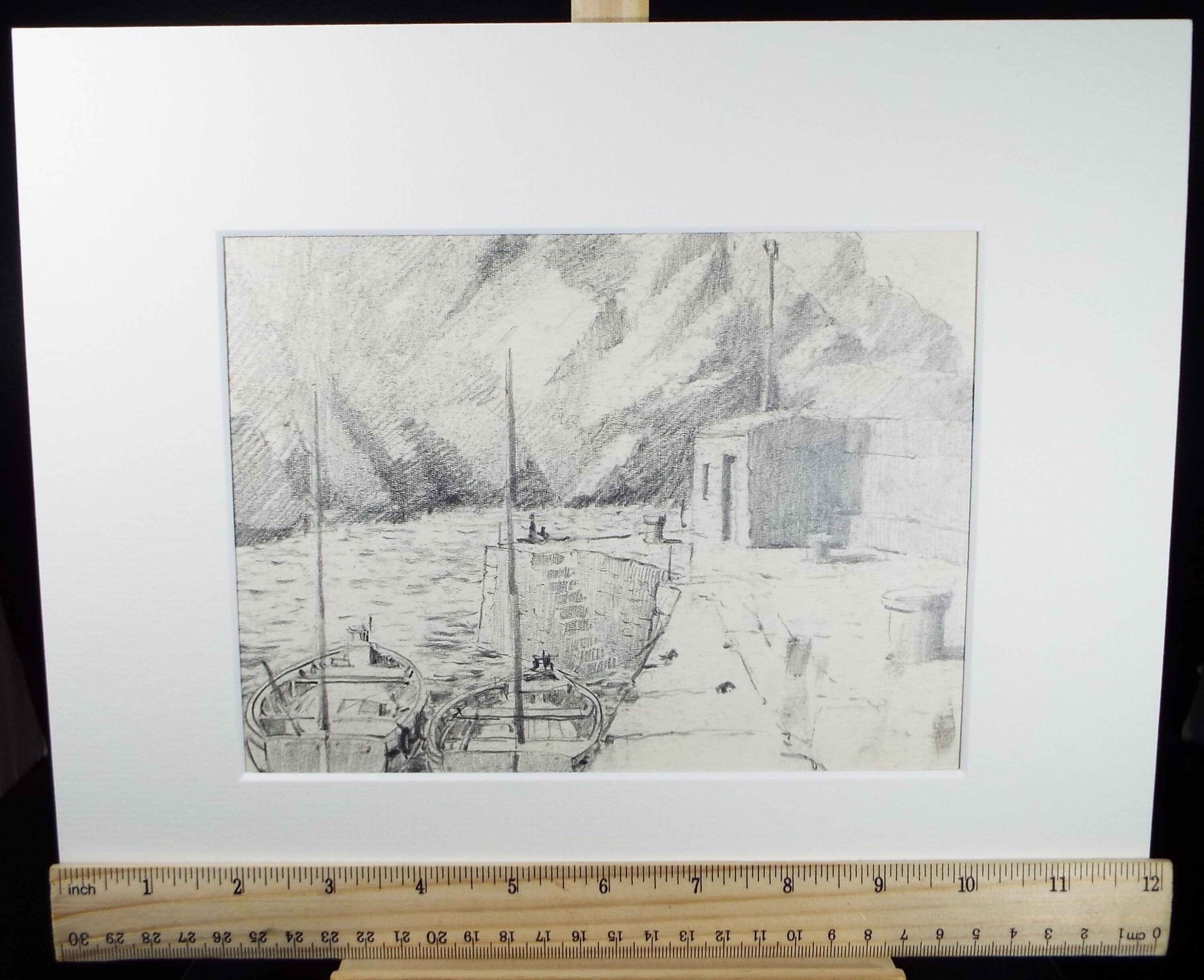 Original Pencil Drawing, Quayside with Fishing Boats', circa 1990's , Artist Unknown