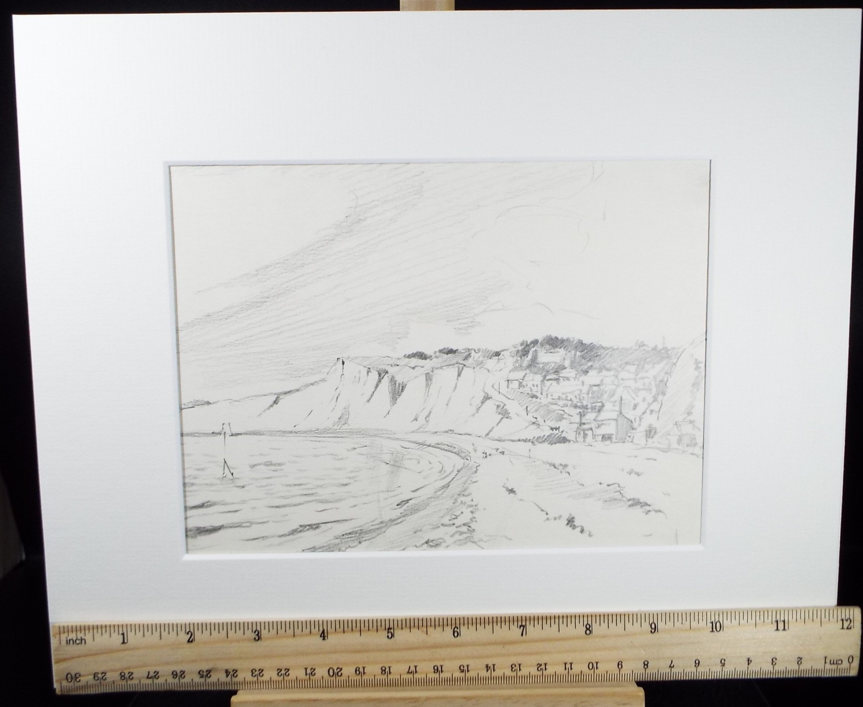 Original Pencil Drawing, 'Fishing Village', circa 1990's , Artist Unknown