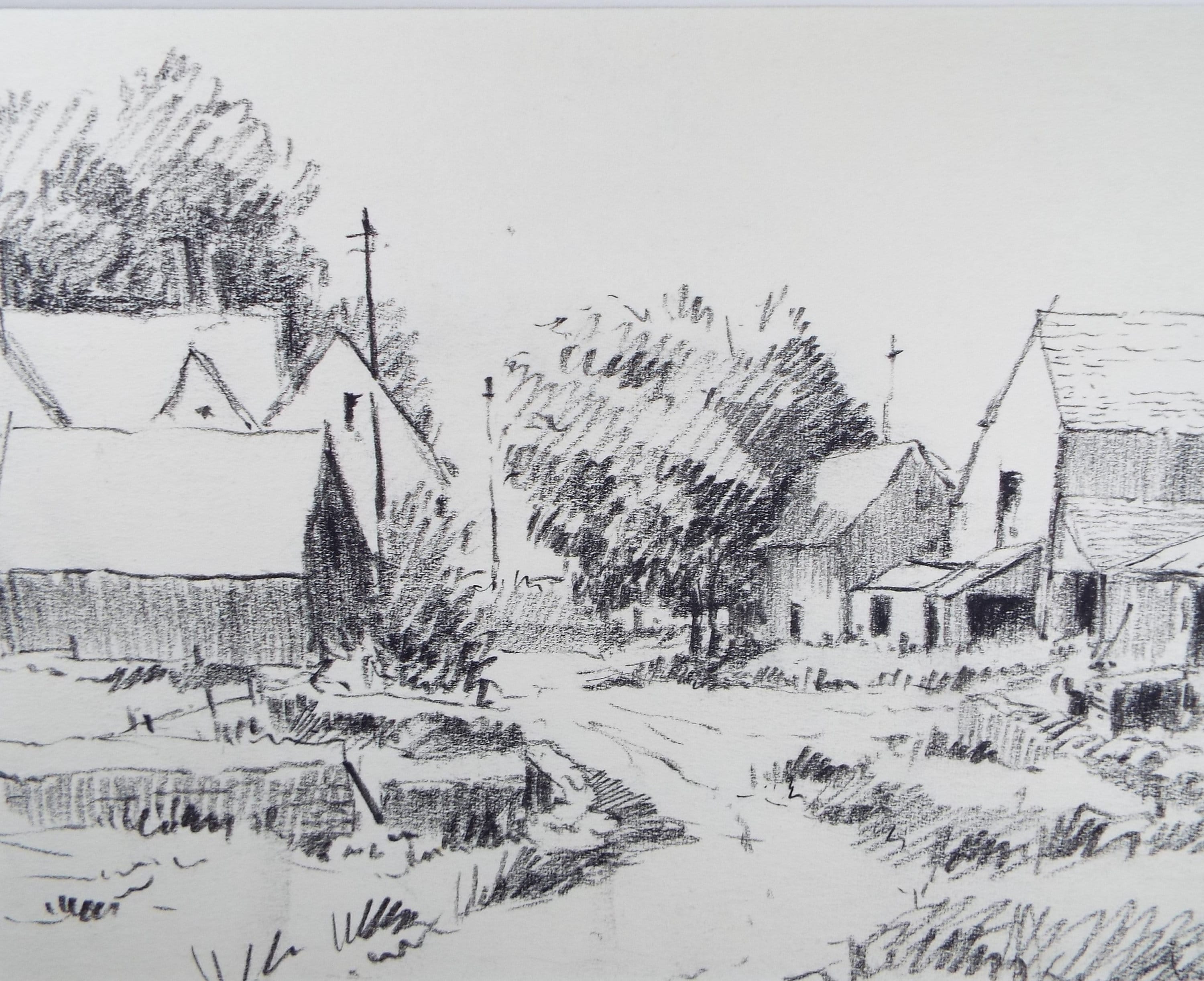 Original Pencil Drawing, 'The Hamlet', circa 1990's , Artist Unknown