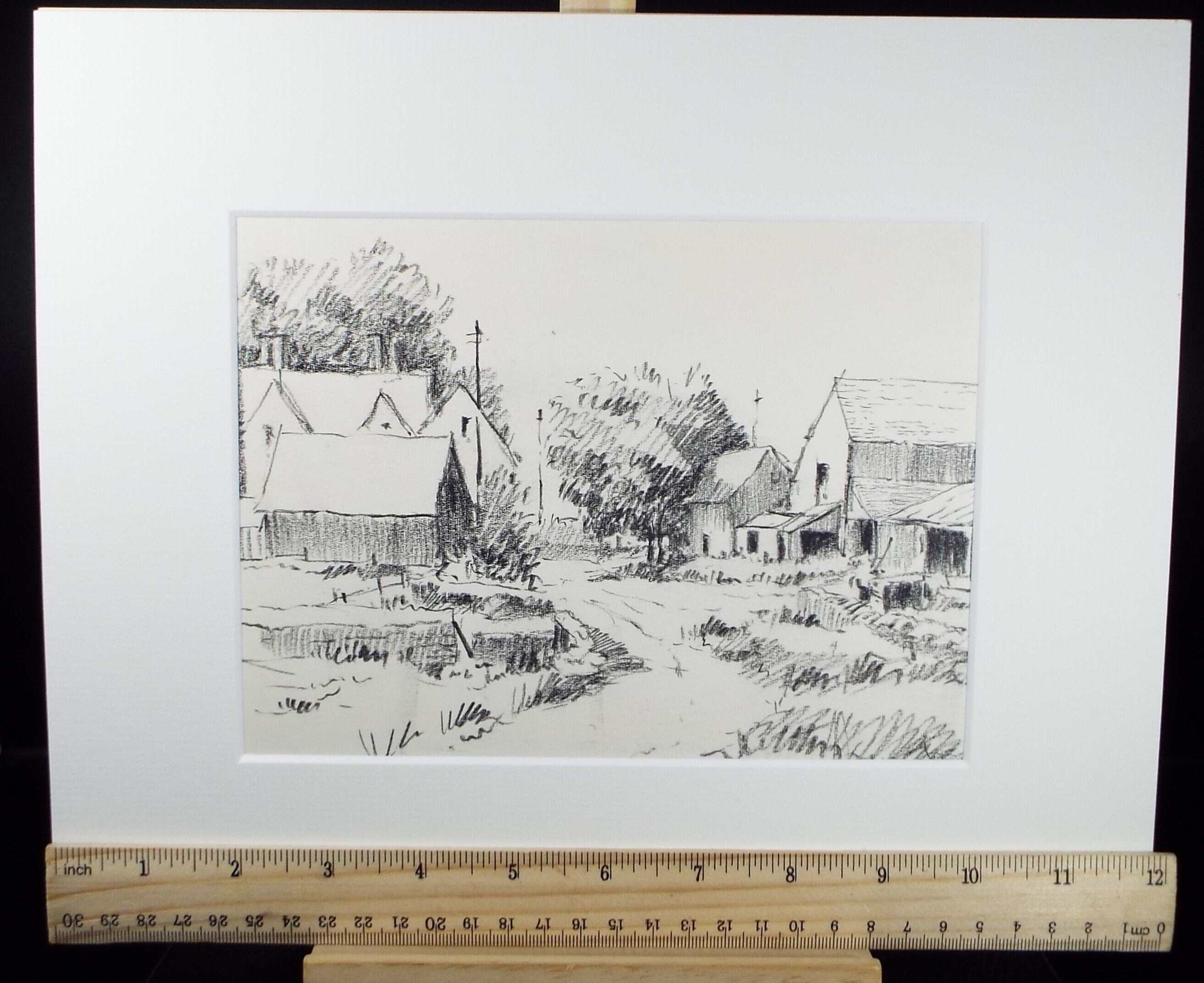 Original Pencil Drawing, 'The Hamlet', circa 1990's , Artist Unknown