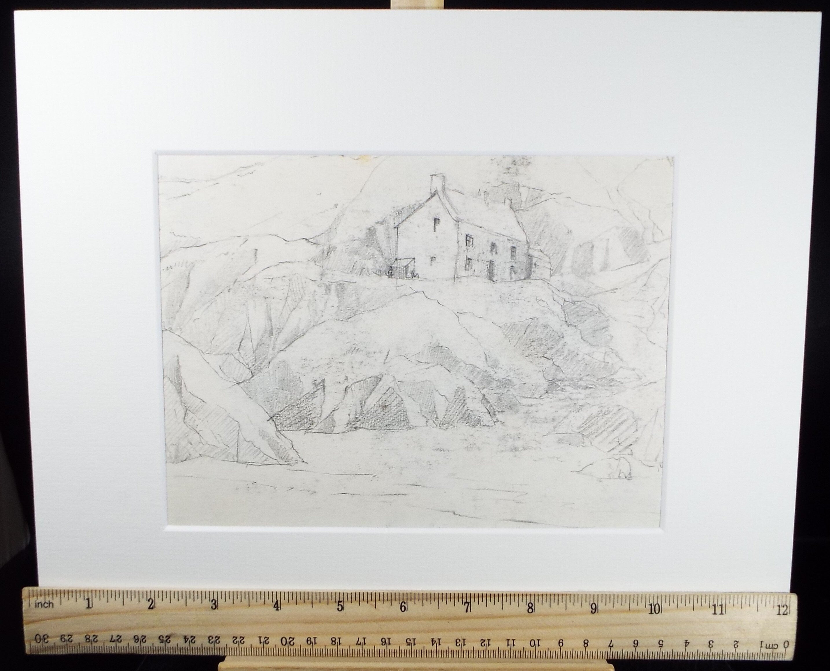 Original Pencil Drawing, 'Clifftop Cottage', circa 1990's , Artist Unknown