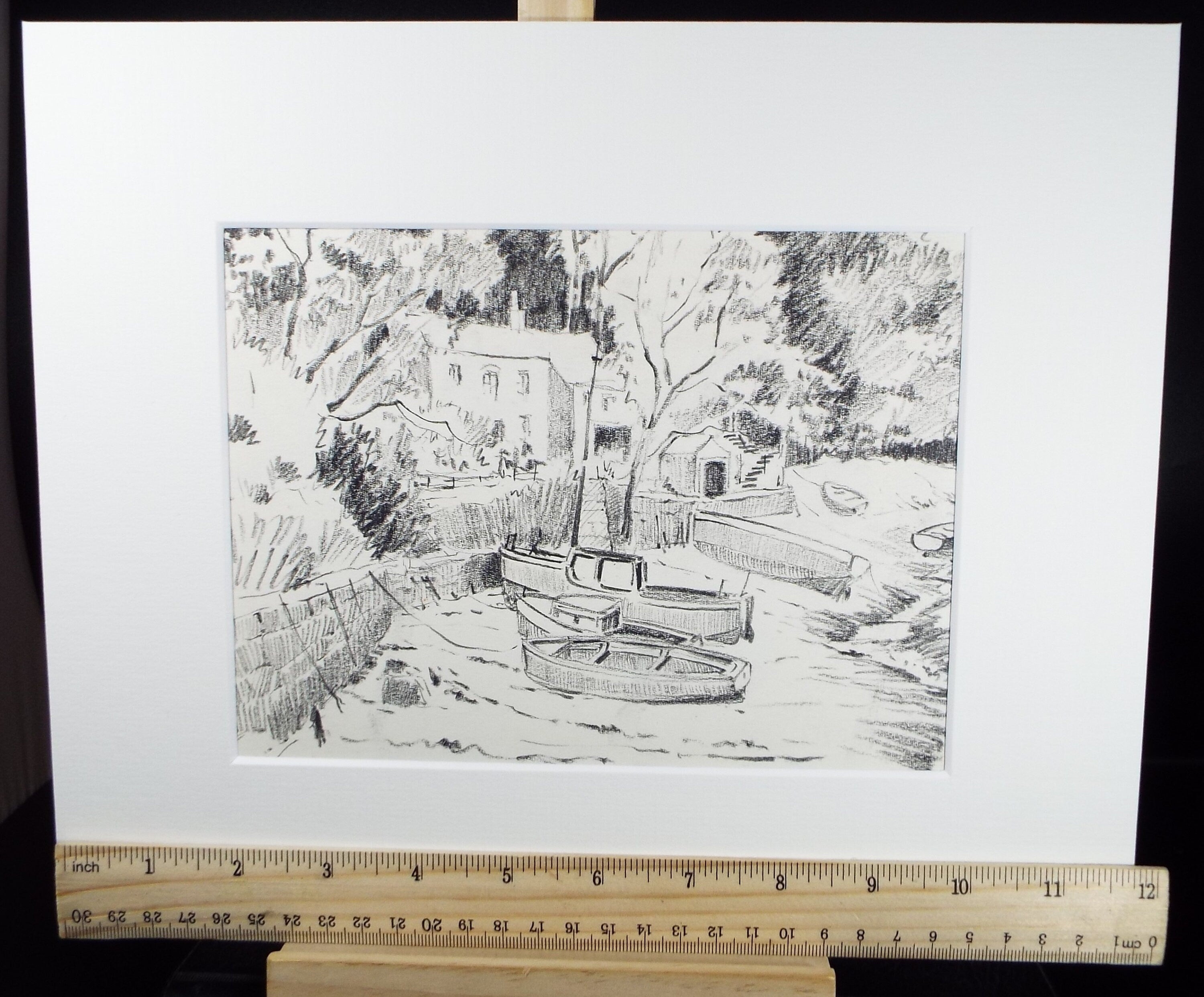 Original Pencil Drawing, 'Village with Moored Boats', circa 1990's , Artist Unknown