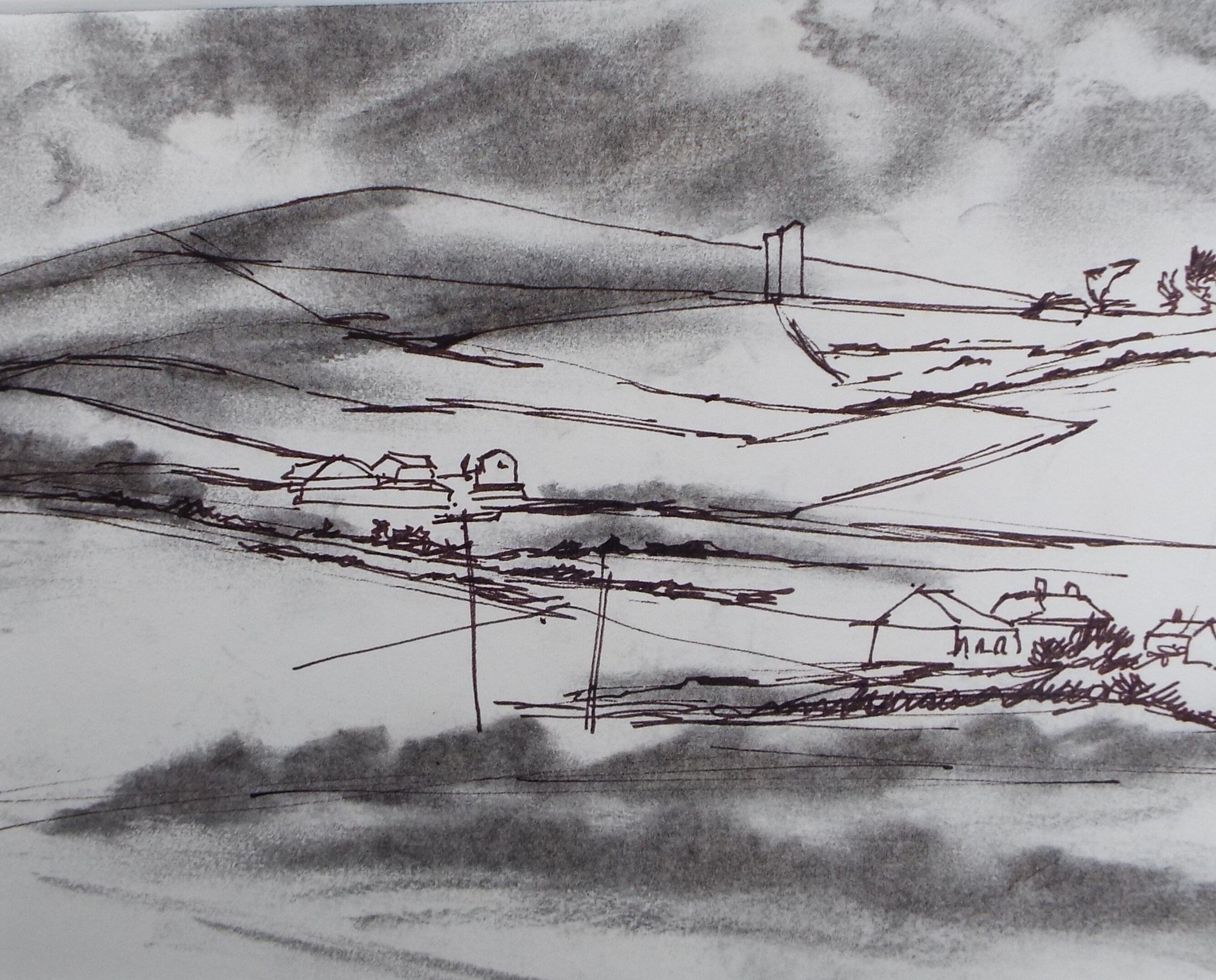 Original Ink & Watercolour, 'Fields and Houses ', Graham Benton RBSA (1934-2022), Circa 1990's