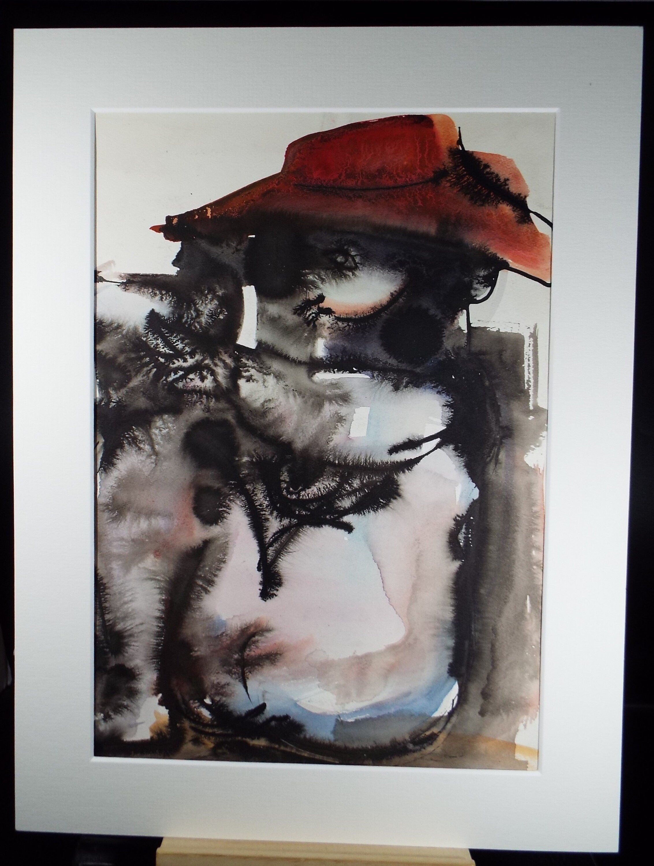 Original Watercolour, 'Figure in a Red Hat', Circa 1960's, Signed Evohnav?