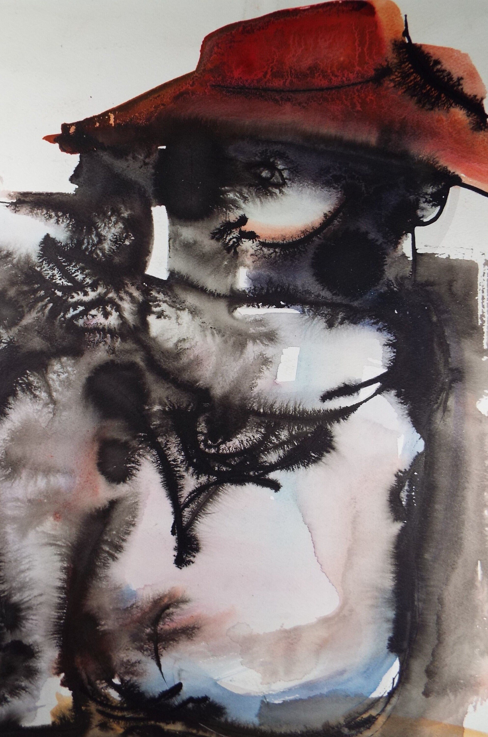 Original Watercolour, 'Figure in a Red Hat', Circa 1960's, Signed Evohnav?