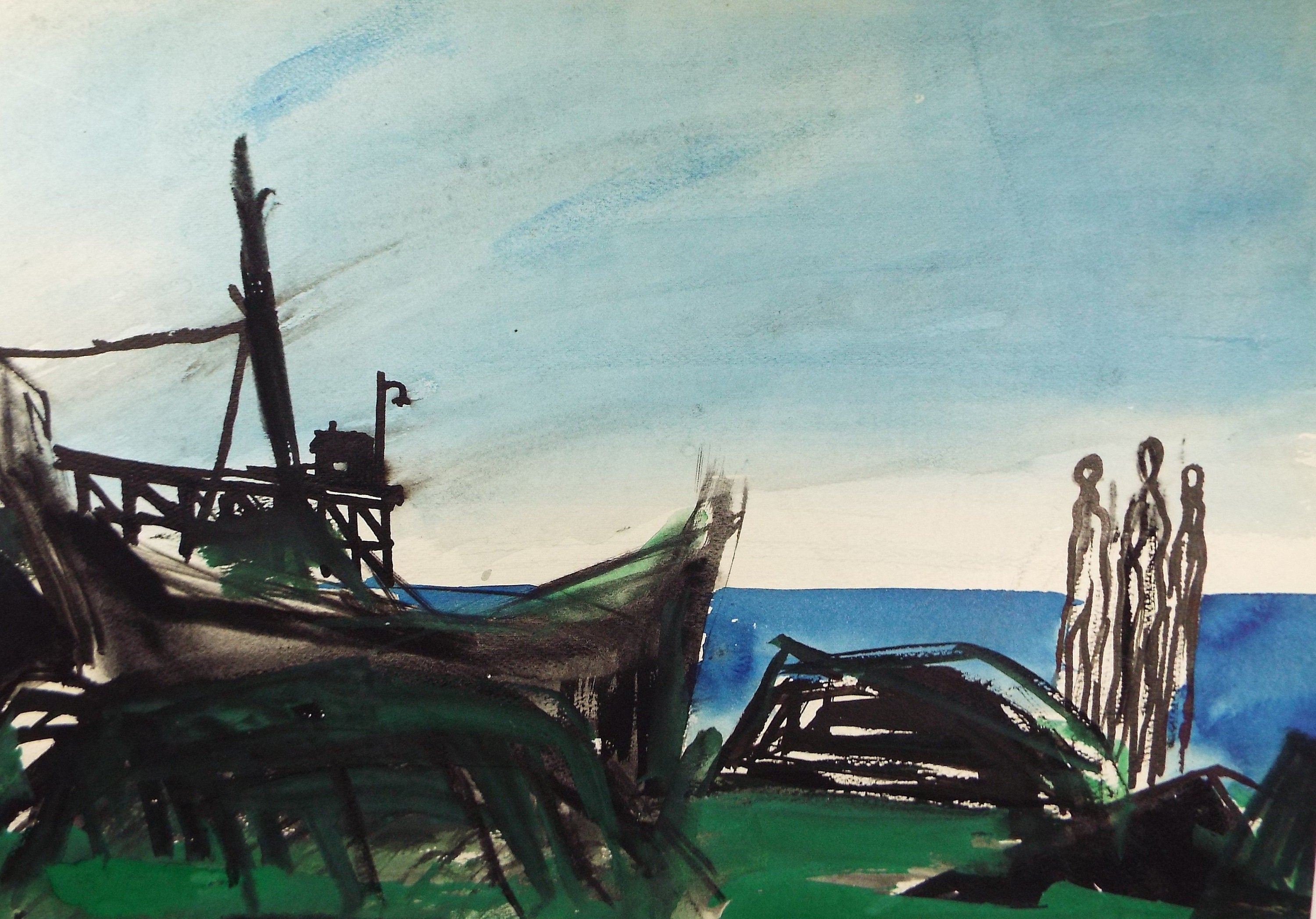 Original Watercolour, 'Figures at the Shore', Circa 1960's, Signed Evohnav?