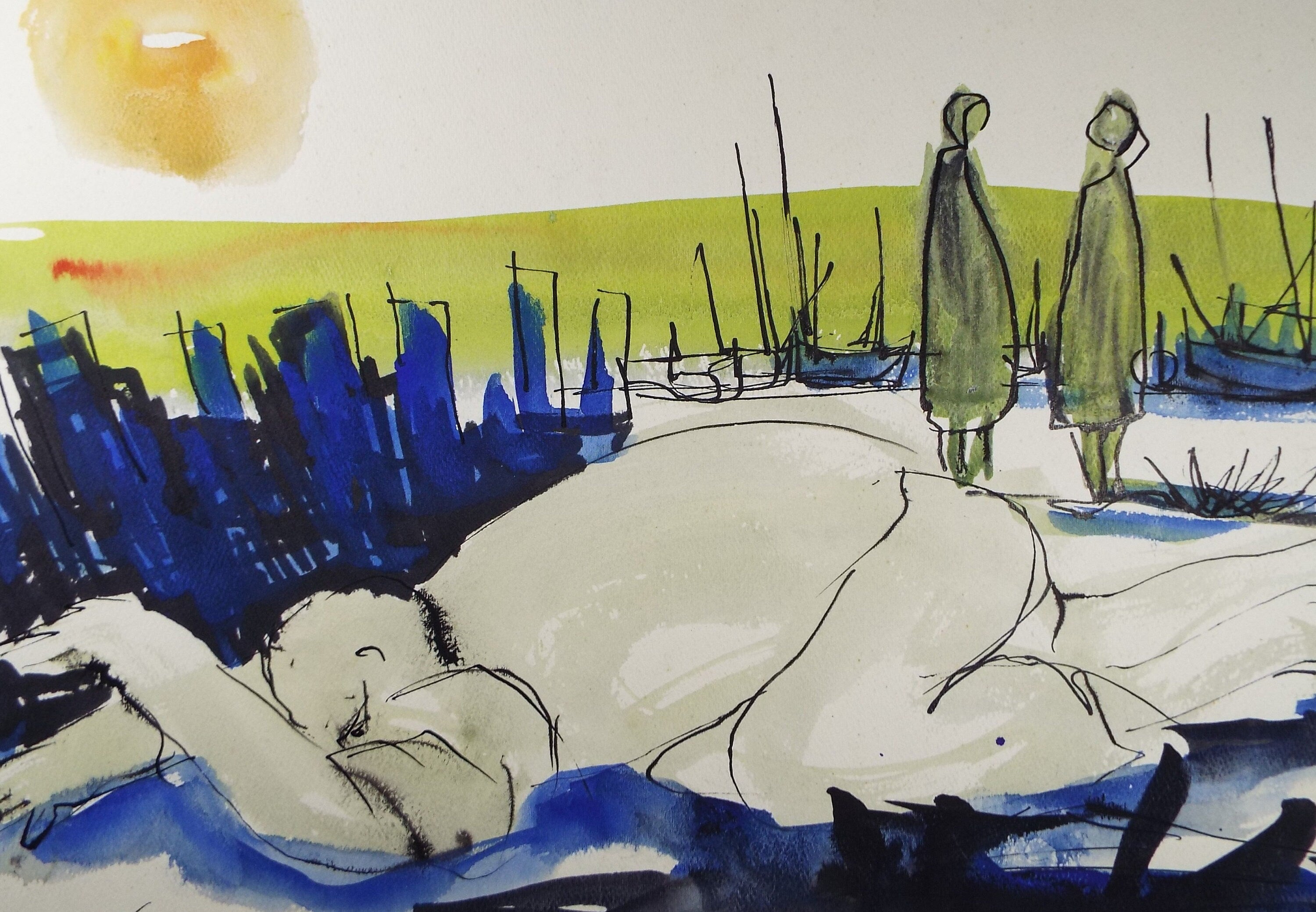 Original Watercolour, 'Crouching Figure', Circa 1960's, Signed Evohnav?