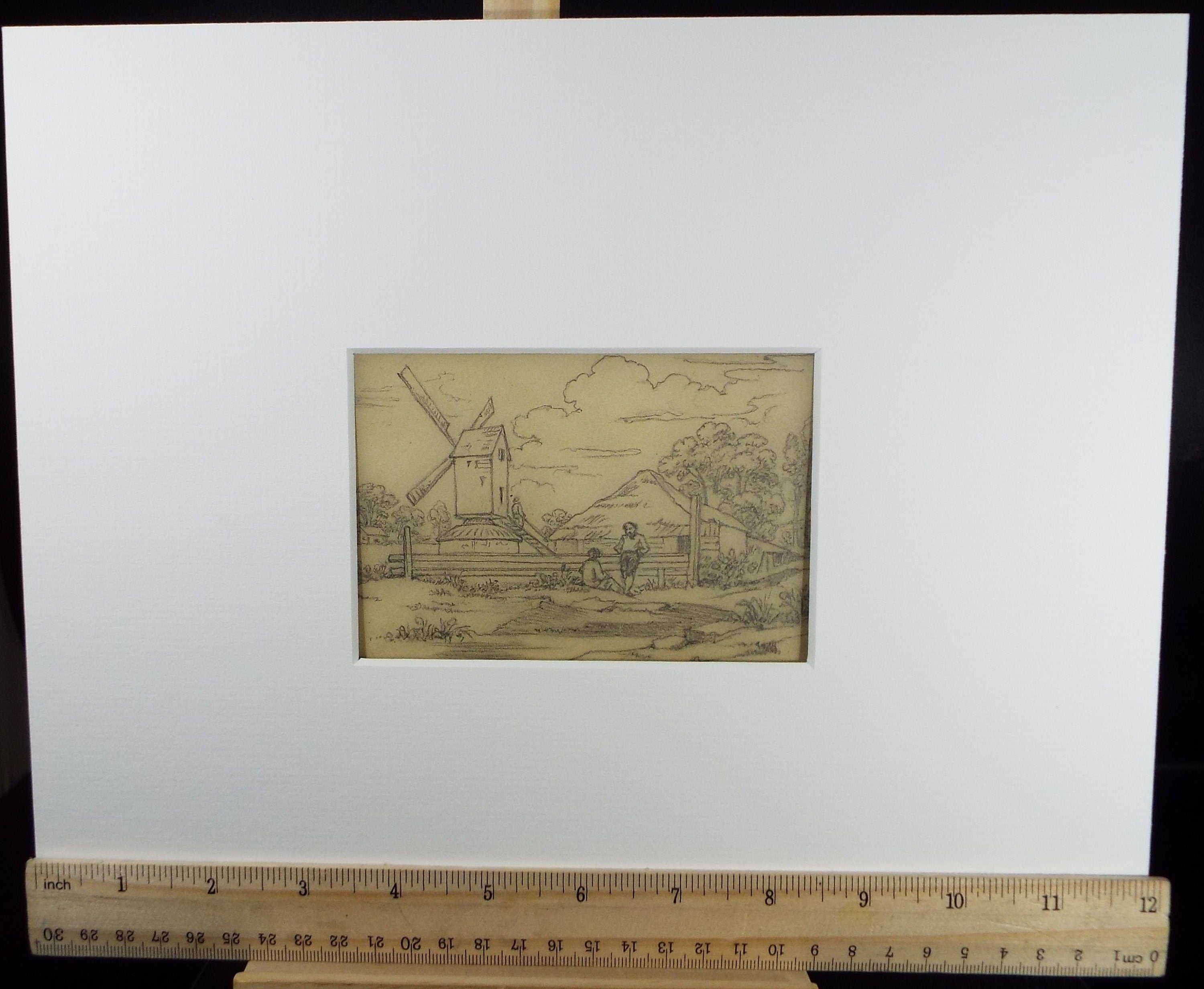 Original Pencil Drawing, 'Figures by a Windmill', John Wood (1801-1870)