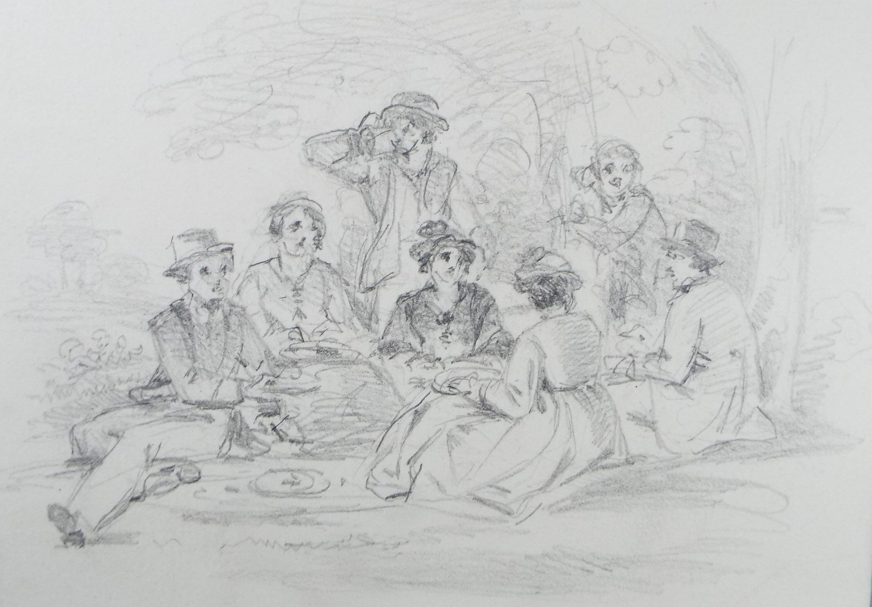 Original Pencil Drawing,'A Picnic', John Wood (1801-1870)
