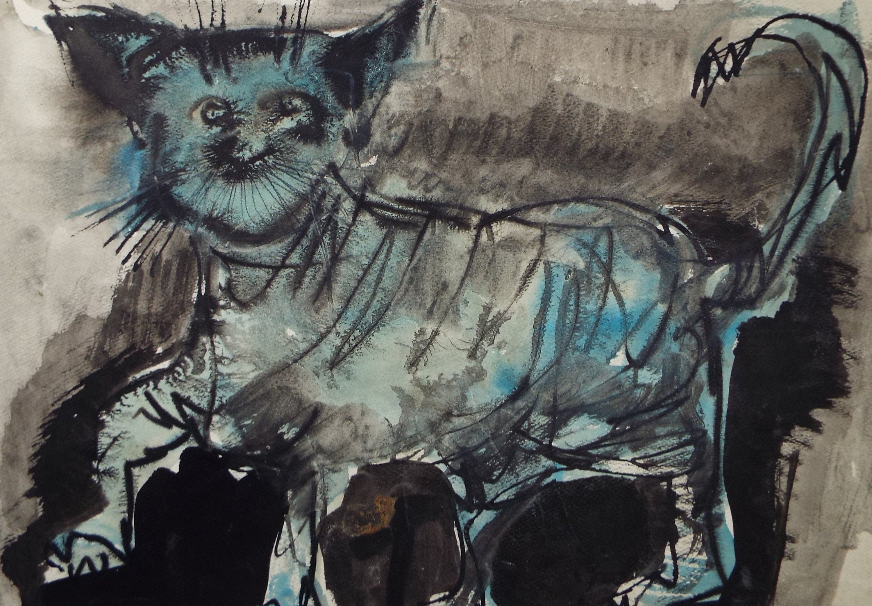 Original Watercolour, 'Striped Cat', Circa 1960's, Signed Evohnav?