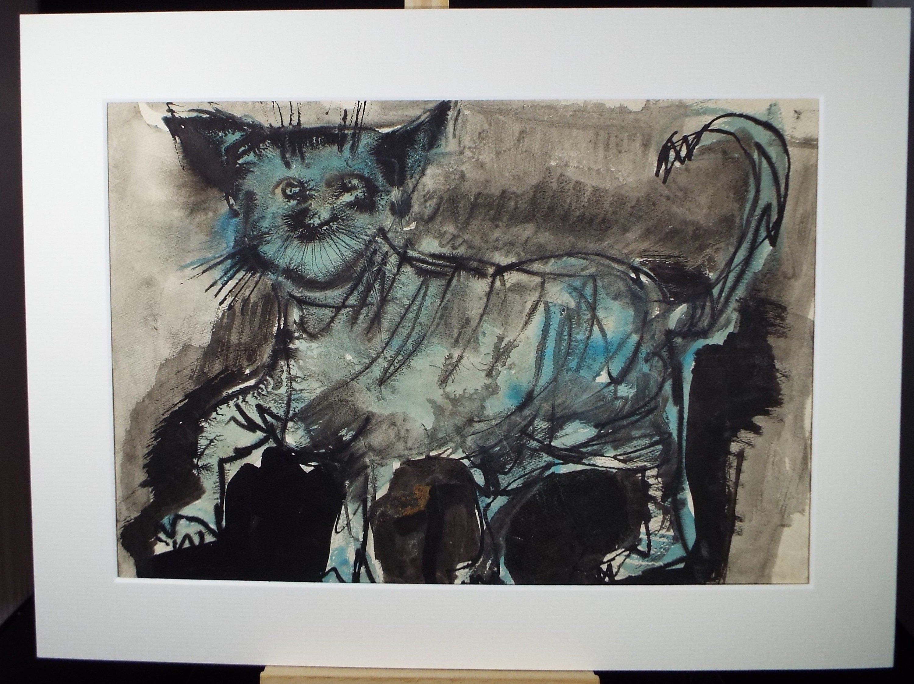 Original Watercolour, 'Striped Cat', Circa 1960's, Signed Evohnav?