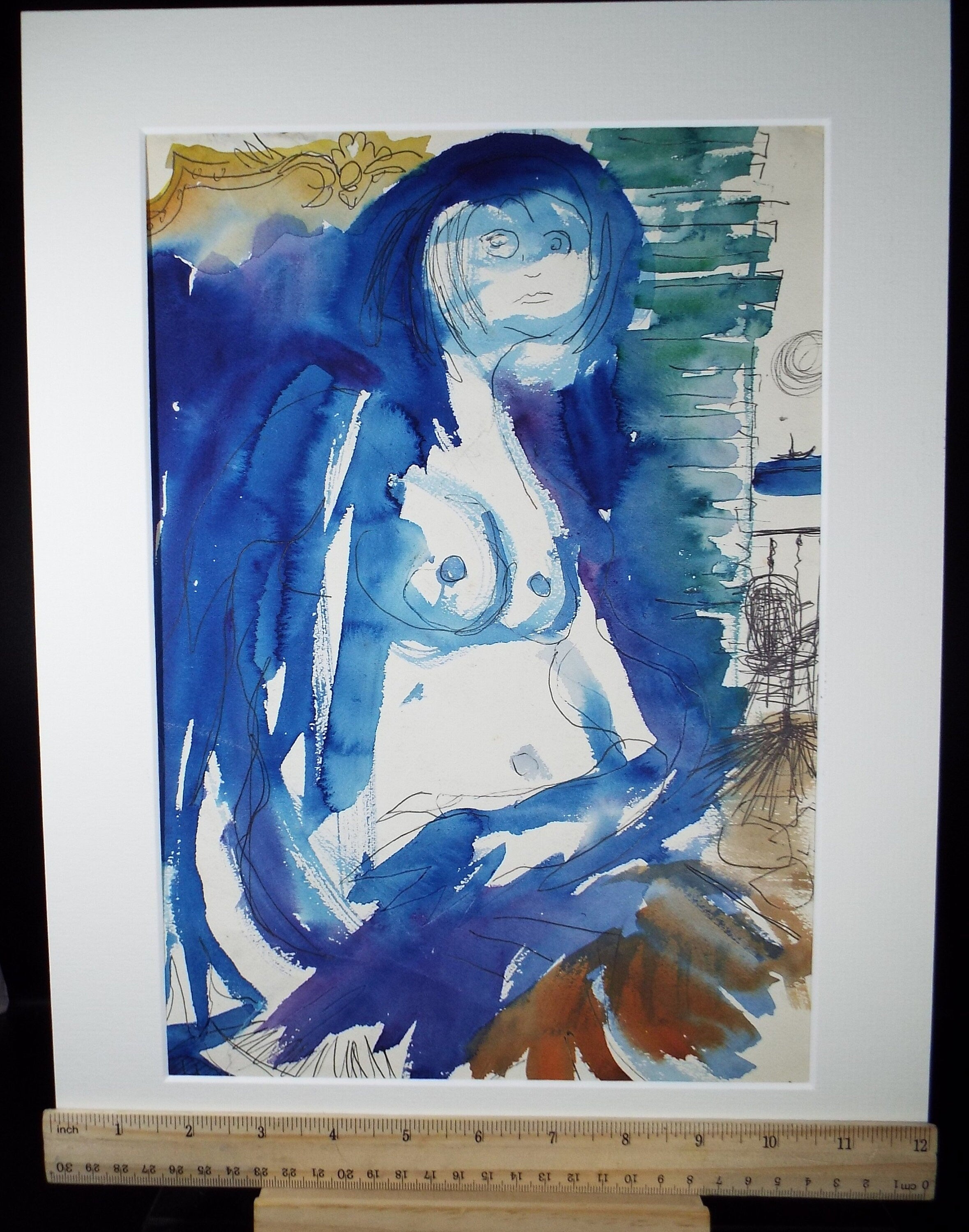 Original Watercolour, 'Nude in Blue', Circa 1960's, Signed Evohnav?