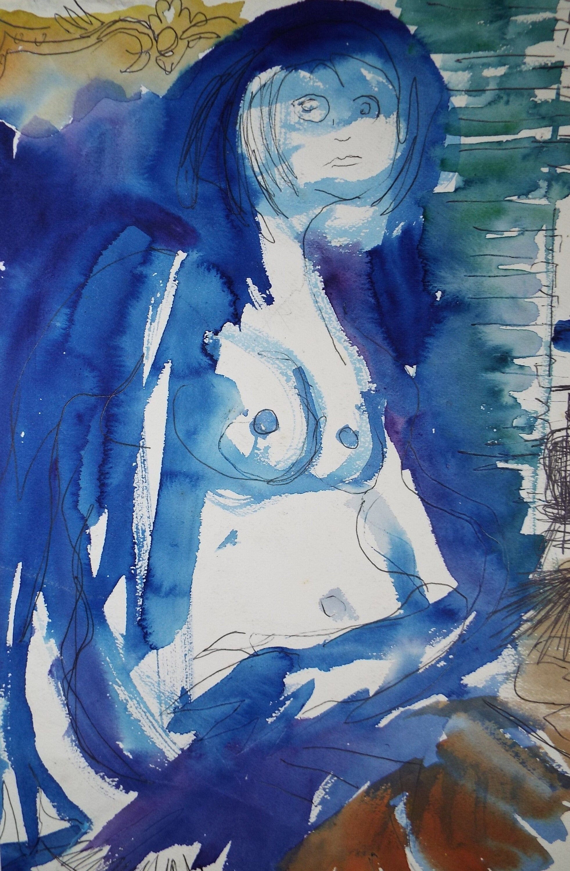 Original Watercolour, 'Nude in Blue', Circa 1960's, Signed Evohnav?