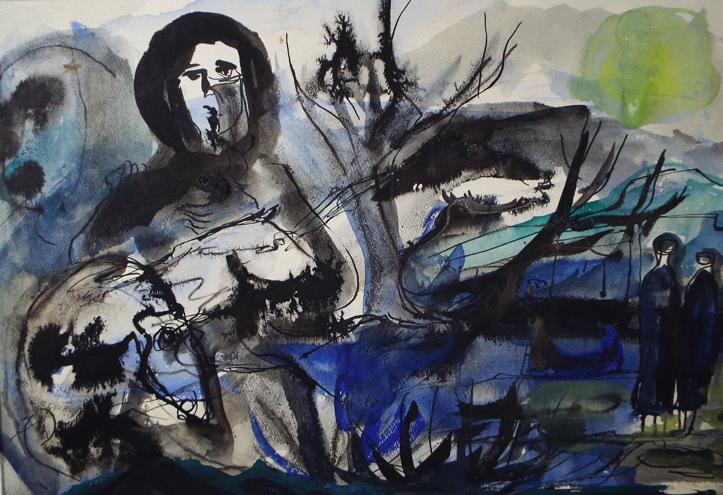 Original Watercolour, 'Figures in a Landscape', Circa 1960's, Signed Evohnav?