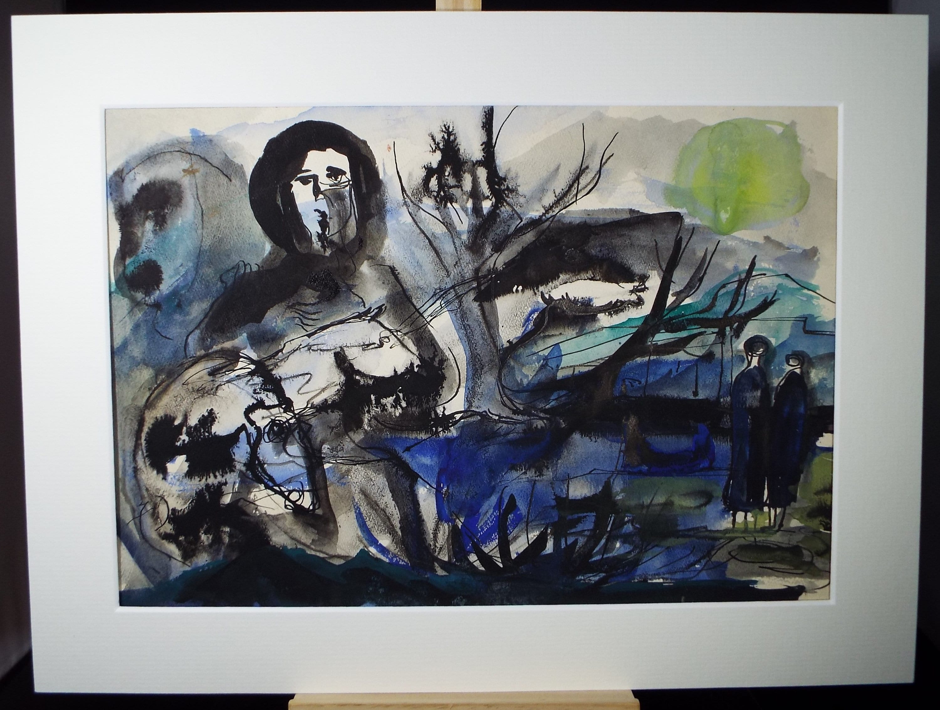 Original Watercolour, 'Figures in a Landscape', Circa 1960's, Signed Evohnav?