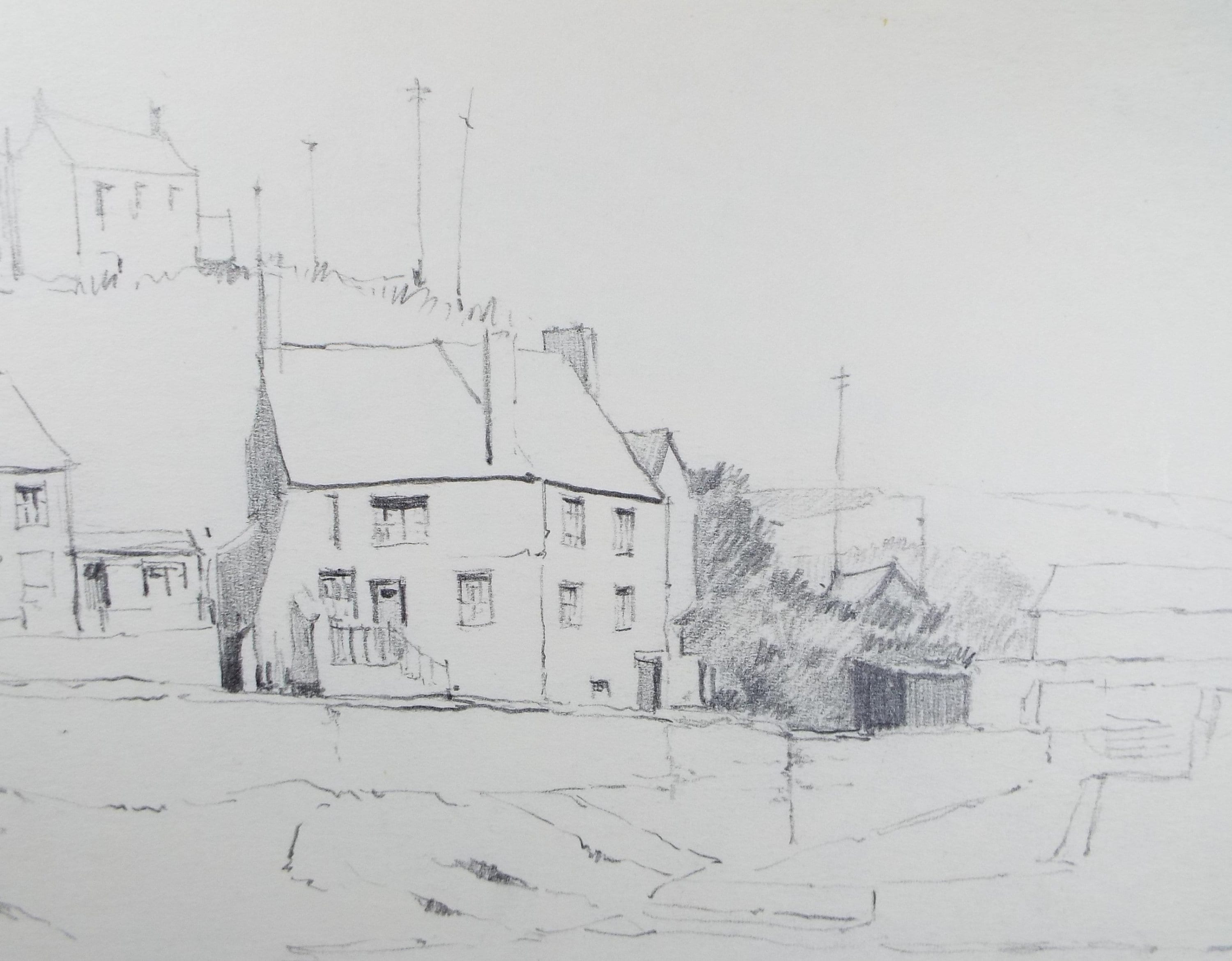 Original Pencil Drawing, 'Coastal Cottage', circa 1990's , Artist Unknown