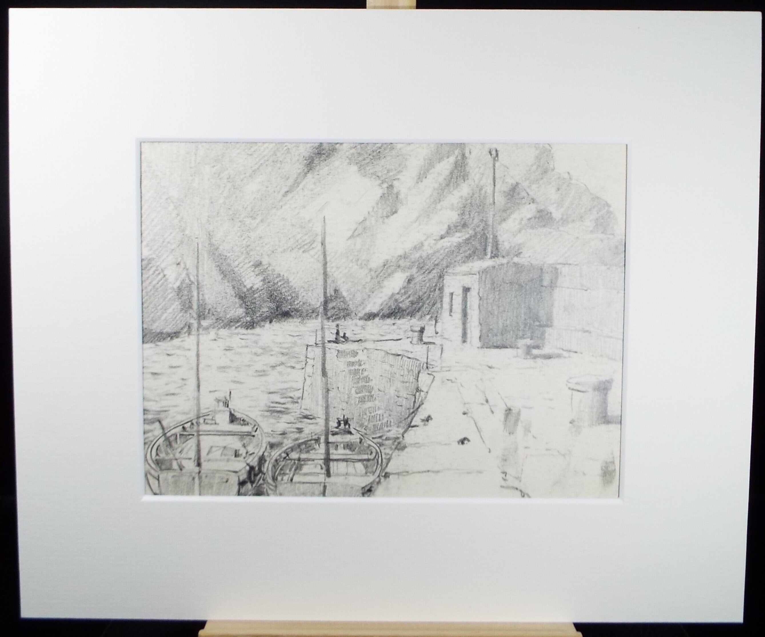 Original Pencil Drawing, Quayside with Fishing Boats', circa 1990's , Artist Unknown